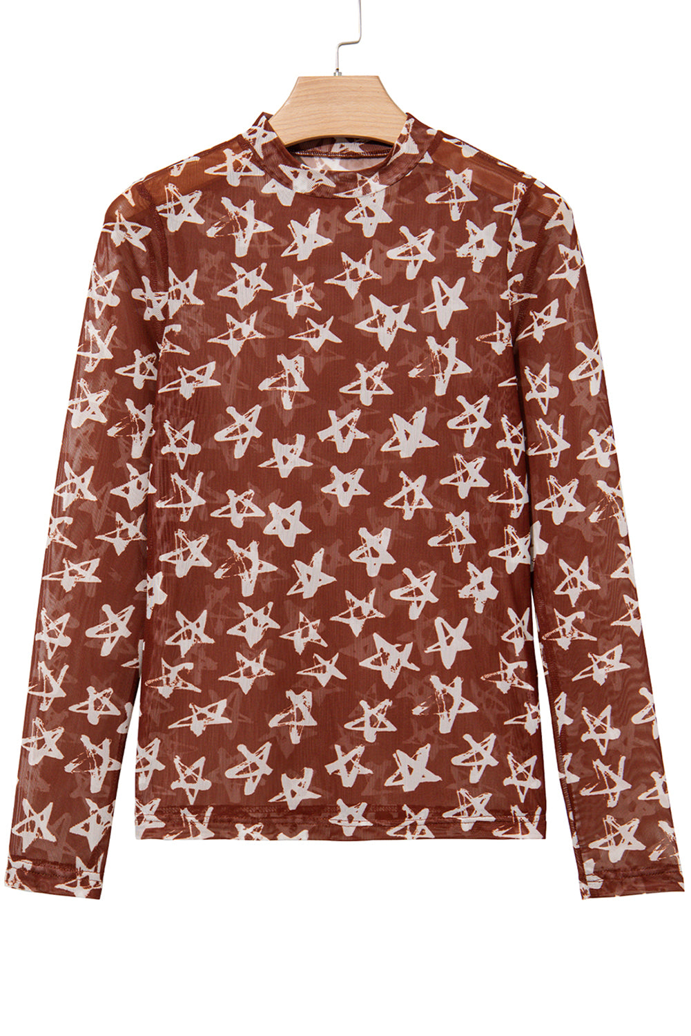 Red Mesh Star Print Mock Neck Top – Sheer Long Sleeve Slim Fit Party Shirt