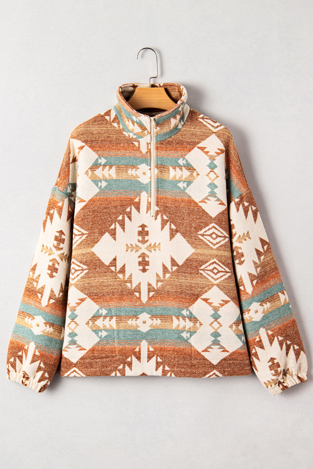 Fall Aztec Quarter Zip Pullover – Women’s Khaki Southwestern Western Sweatshirt