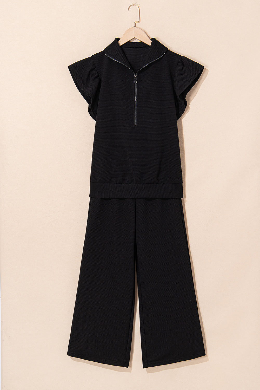 BlackTextured Ruffle Sleeve Two-Piece Set | Zipper Neck Top & Solid Color Pants