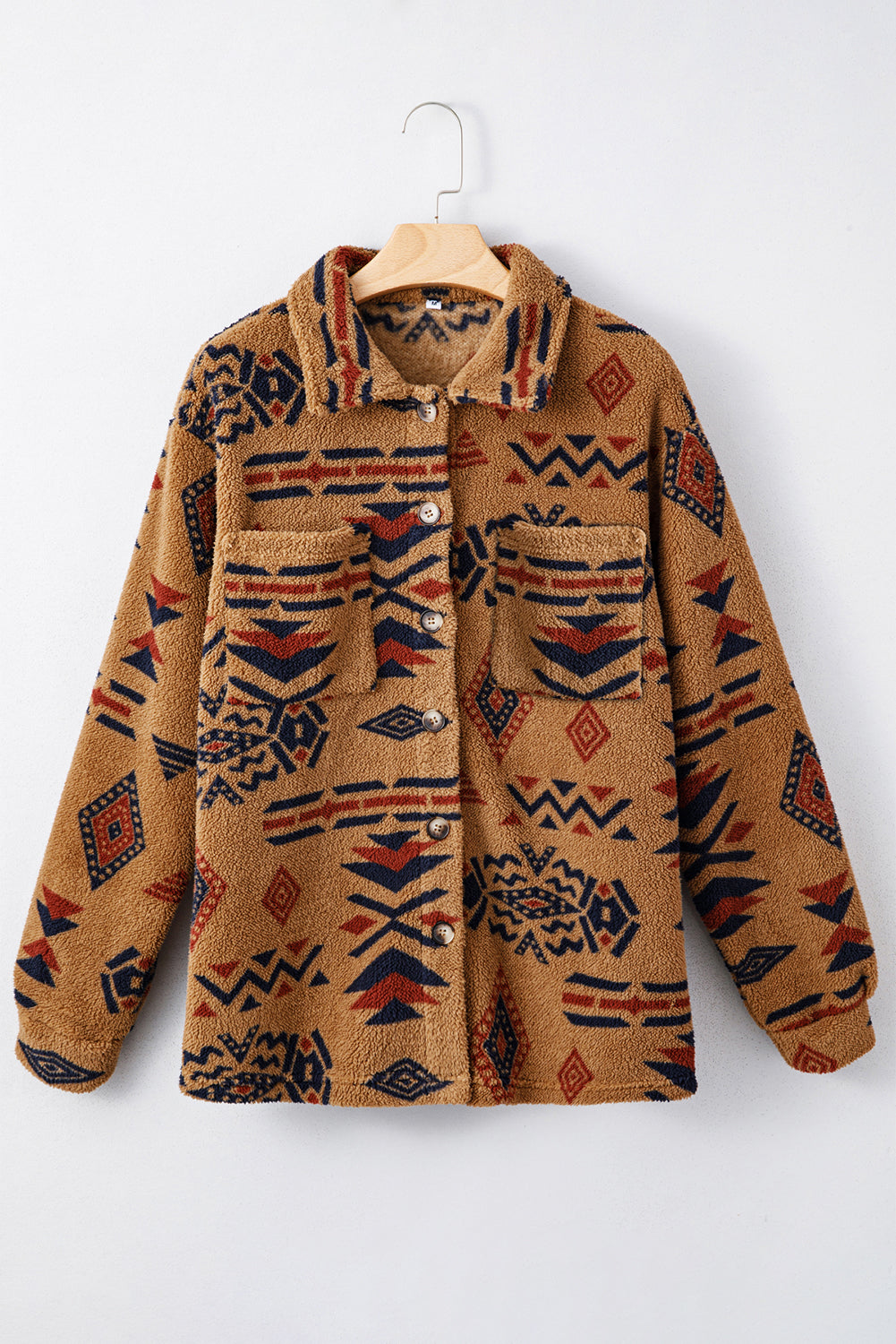 Khaki Aztec Fleece Shacket – Western Button Front Jacket Shirt with Pockets, Cozy Fall & Winter Layering Top