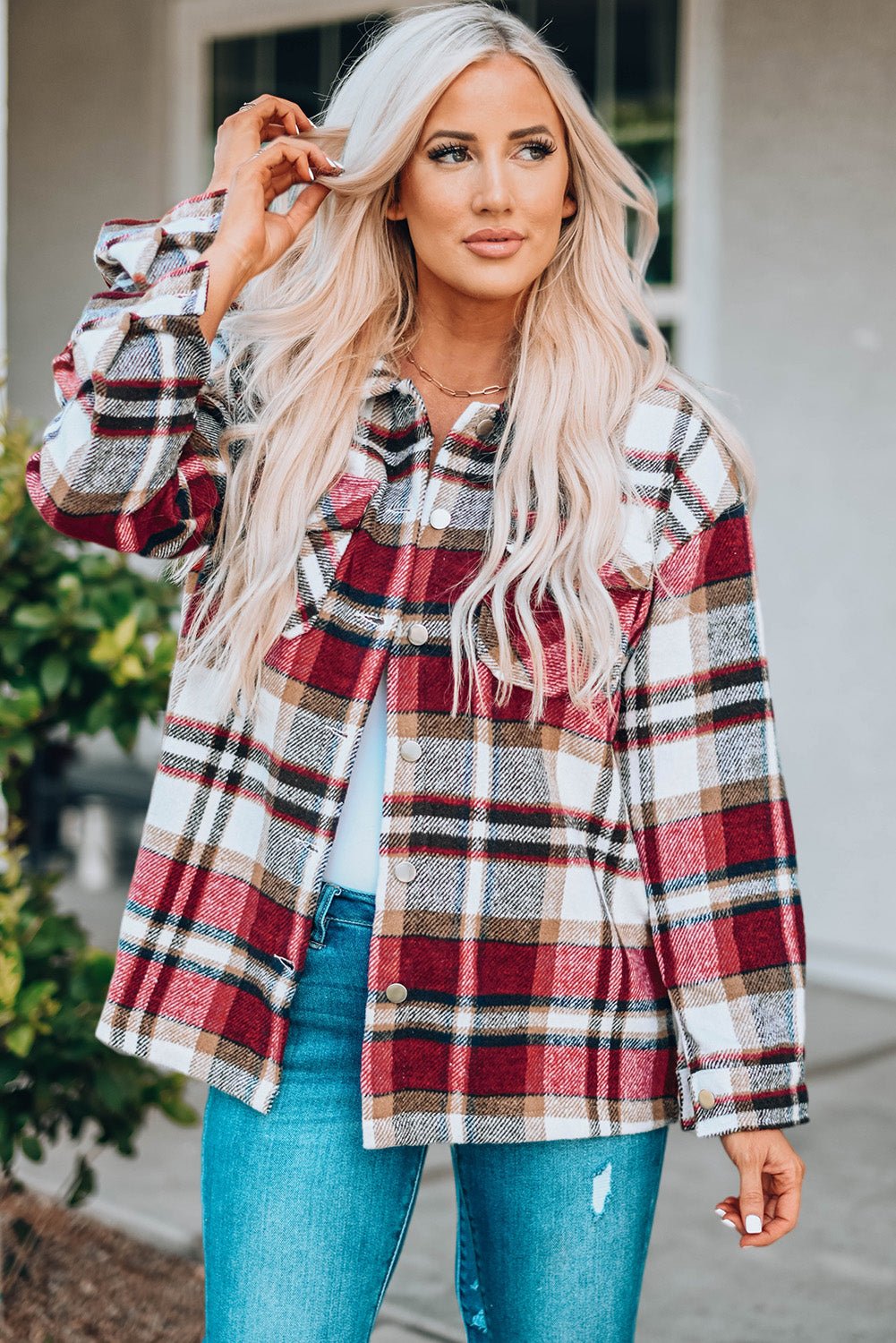 Fiery Red Geometric Plaid Print Pocketed Shacket - Razels