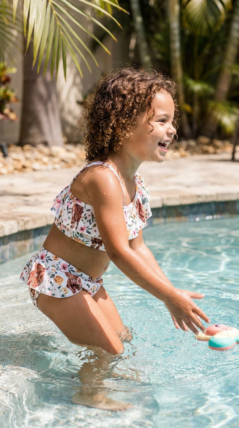 Child in a floral and highland cow swimsuit playing in a pool with palm trees in the background