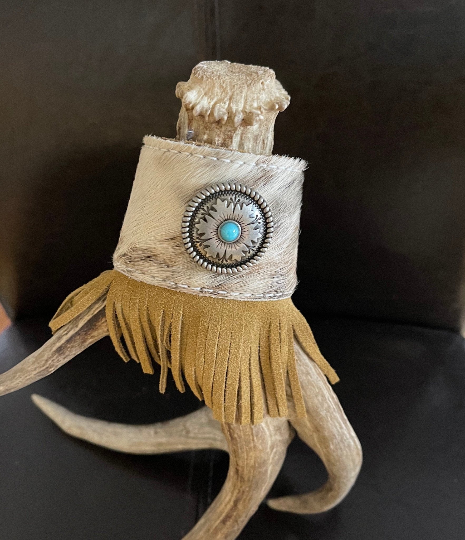 Fringe COWHIDE CUFF with Silver Concho / Brindle Cowhide Cuff with Turquoise Bracelet - Razels