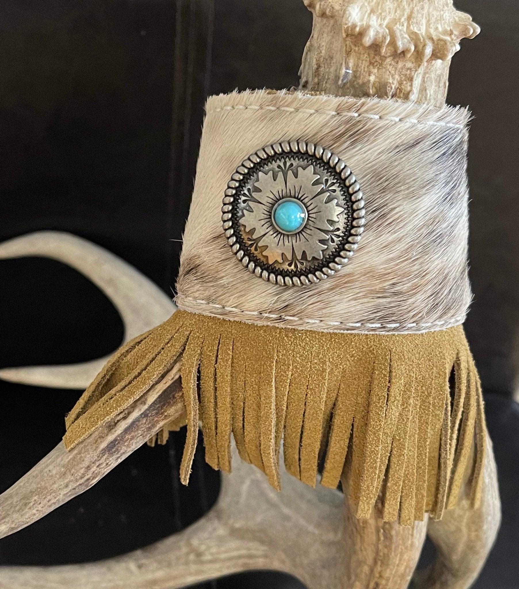 Fringe COWHIDE CUFF with Silver Concho / Brindle Cowhide Cuff with Turquoise Bracelet - Razels