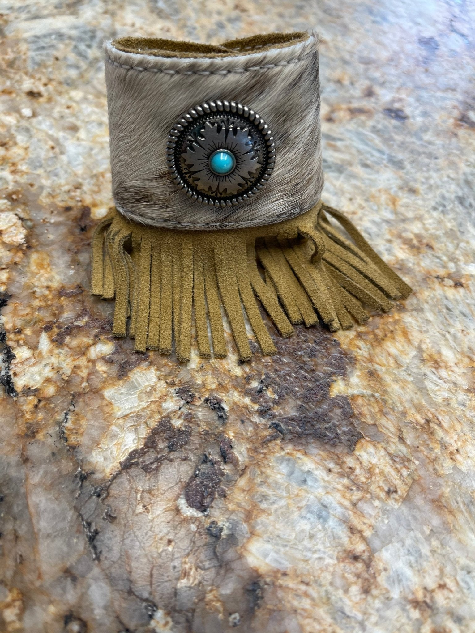 Fringe COWHIDE CUFF with Silver Concho / Brindle Cowhide Cuff with Turquoise Bracelet - Razels