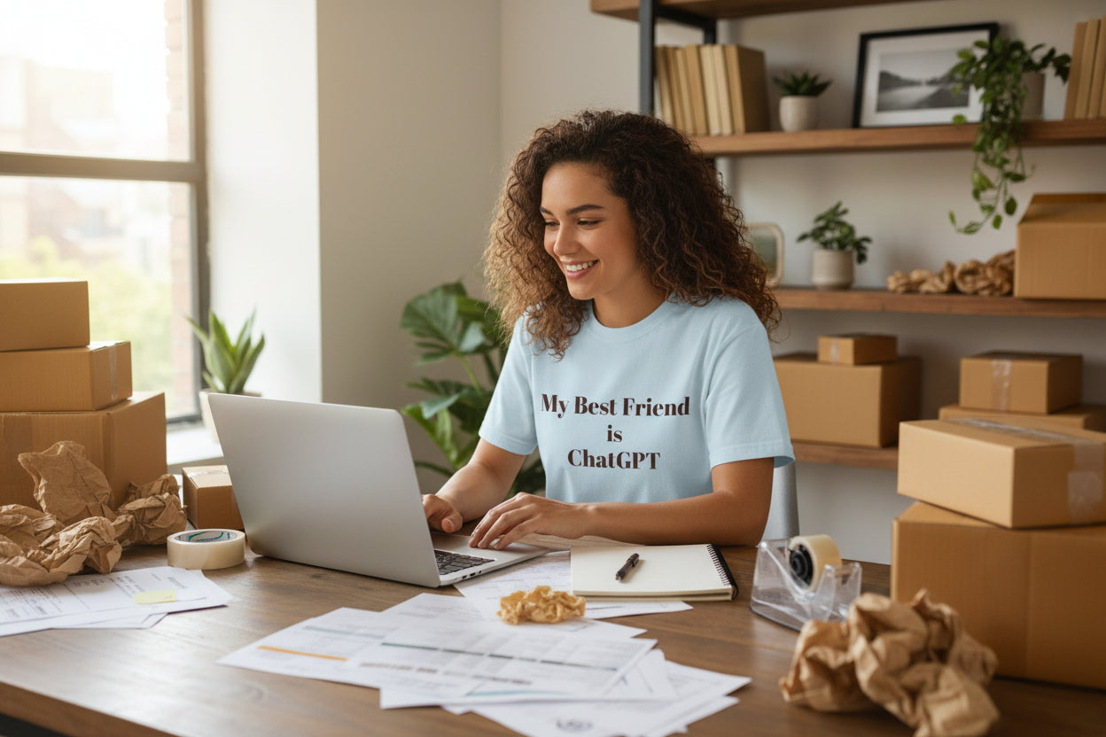 Person wearing a light blue t-shirt with 'My Best Friend is ChatGPT' text on a white background