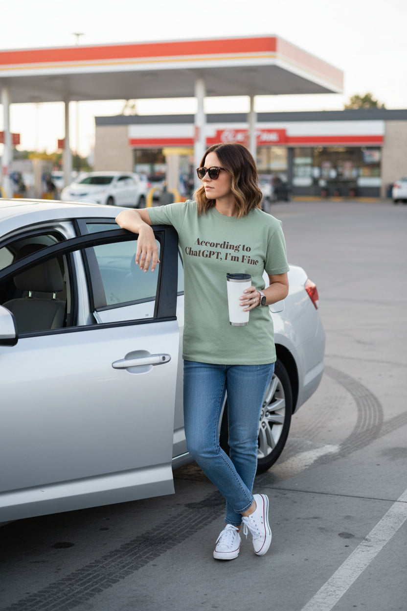 Light green t-shirt with text 'According to ChatGPT, I'm Fine' 
