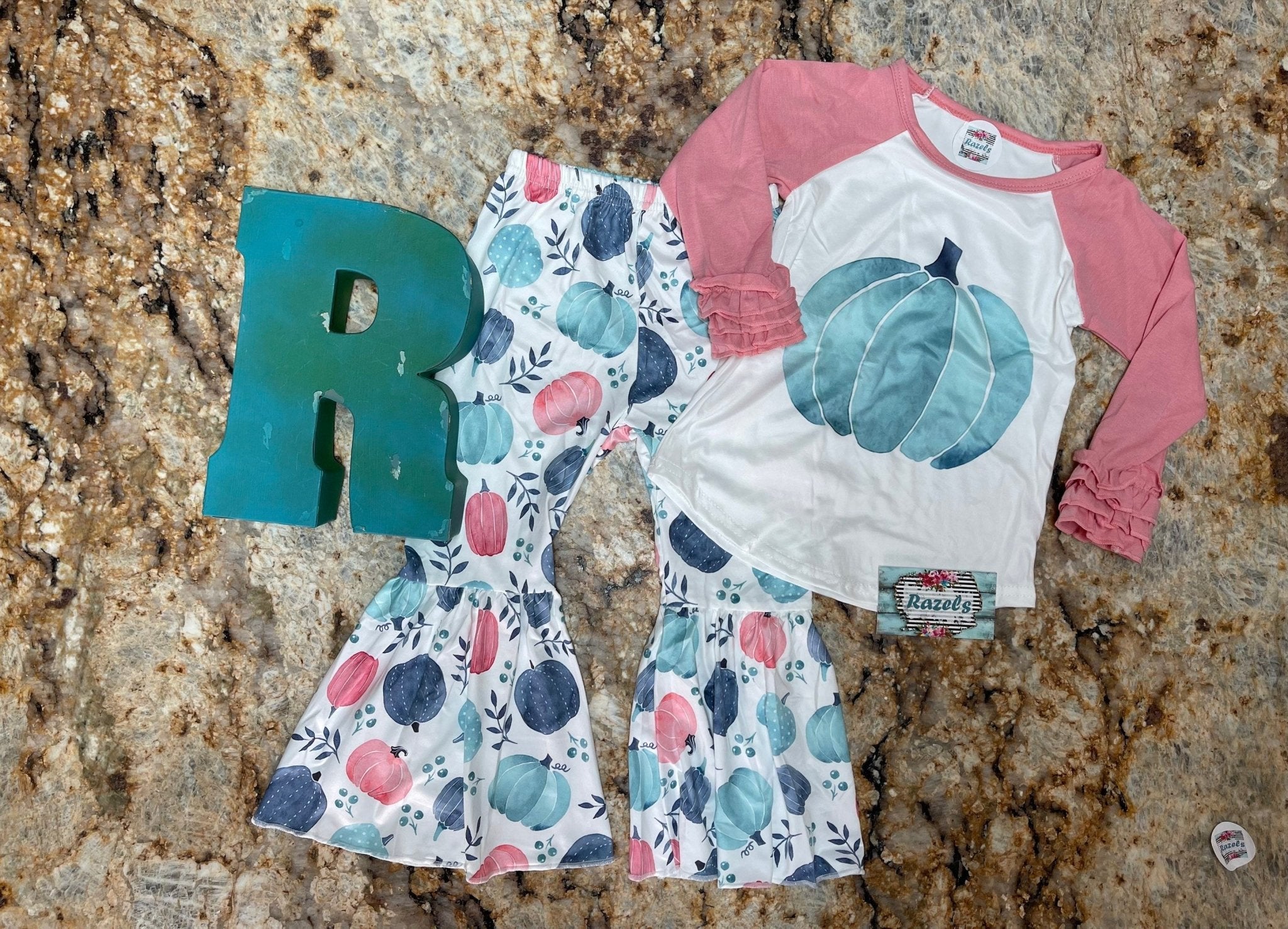 Girls 3t Pumpkin Outfit, Pink and Turquoise Pumpkin Bell Bottoms - Razels