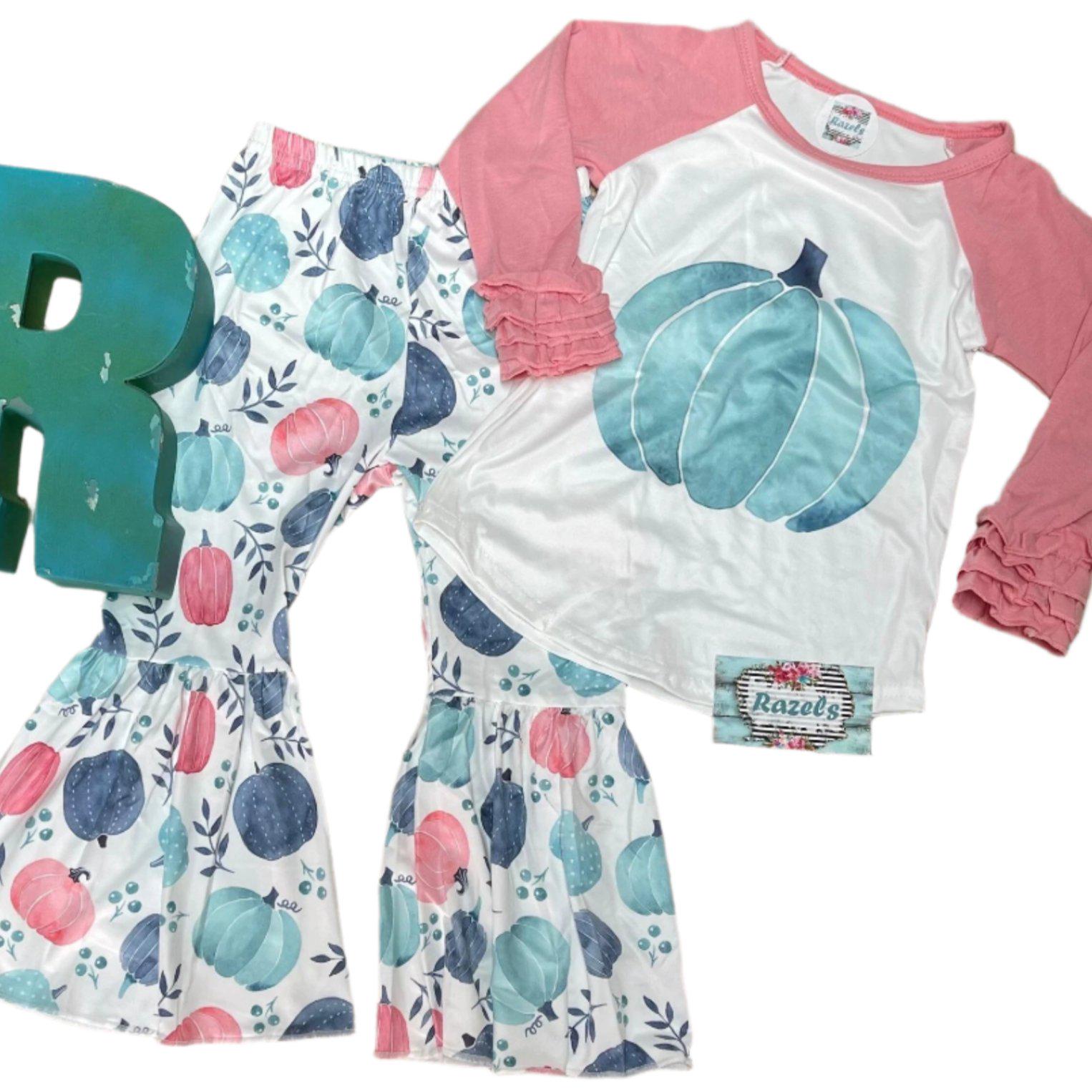 Girls 3t Pumpkin Outfit, Pink and Turquoise Pumpkin Bell Bottoms - Razels