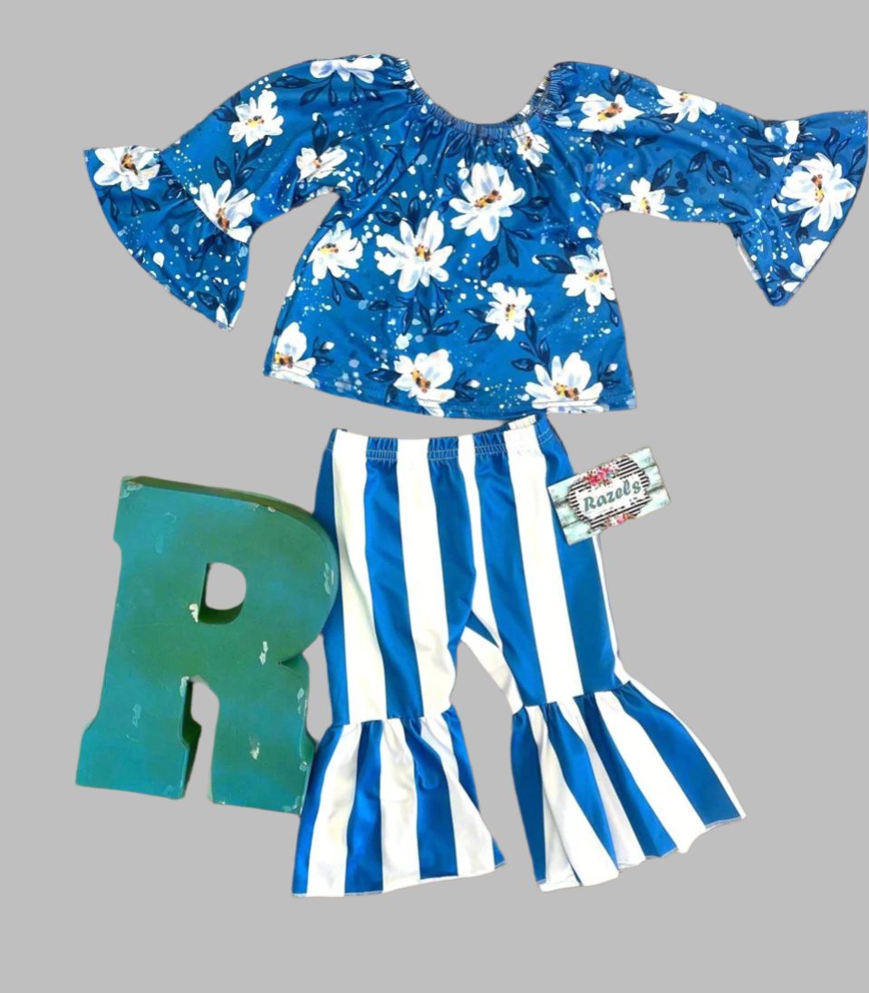 Girls Bell Bottom Outfit | Girls Daisy Print Shirt, Blue and White Striped Bell Bottom pants - Razels