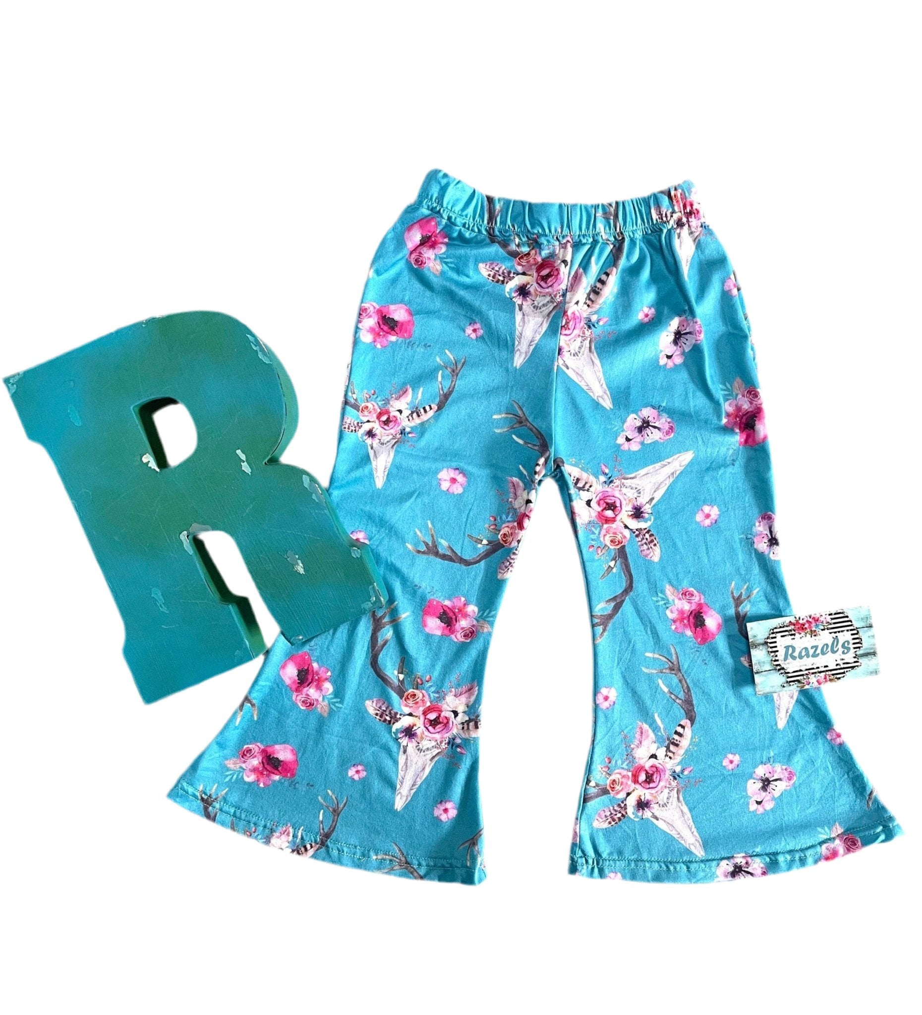 Girls Bell Bottom Pants BOHO | Steerhead, Bullhead, Cow Skull Toddler Pants Flower Skull BOHO Pants - Razels