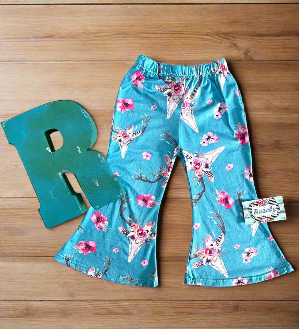 Girls Bell Bottom Pants BOHO | Steerhead, Bullhead, Cow Skull Toddler Pants Flower Skull BOHO Pants - Razels