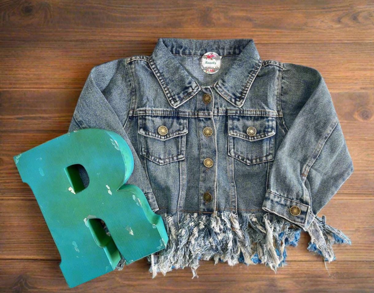 Girls' Fringe Denim Jacket – Distressed Jean Jacket with Fun Fringe Details | Stylish Outerwear for Kids - Razels