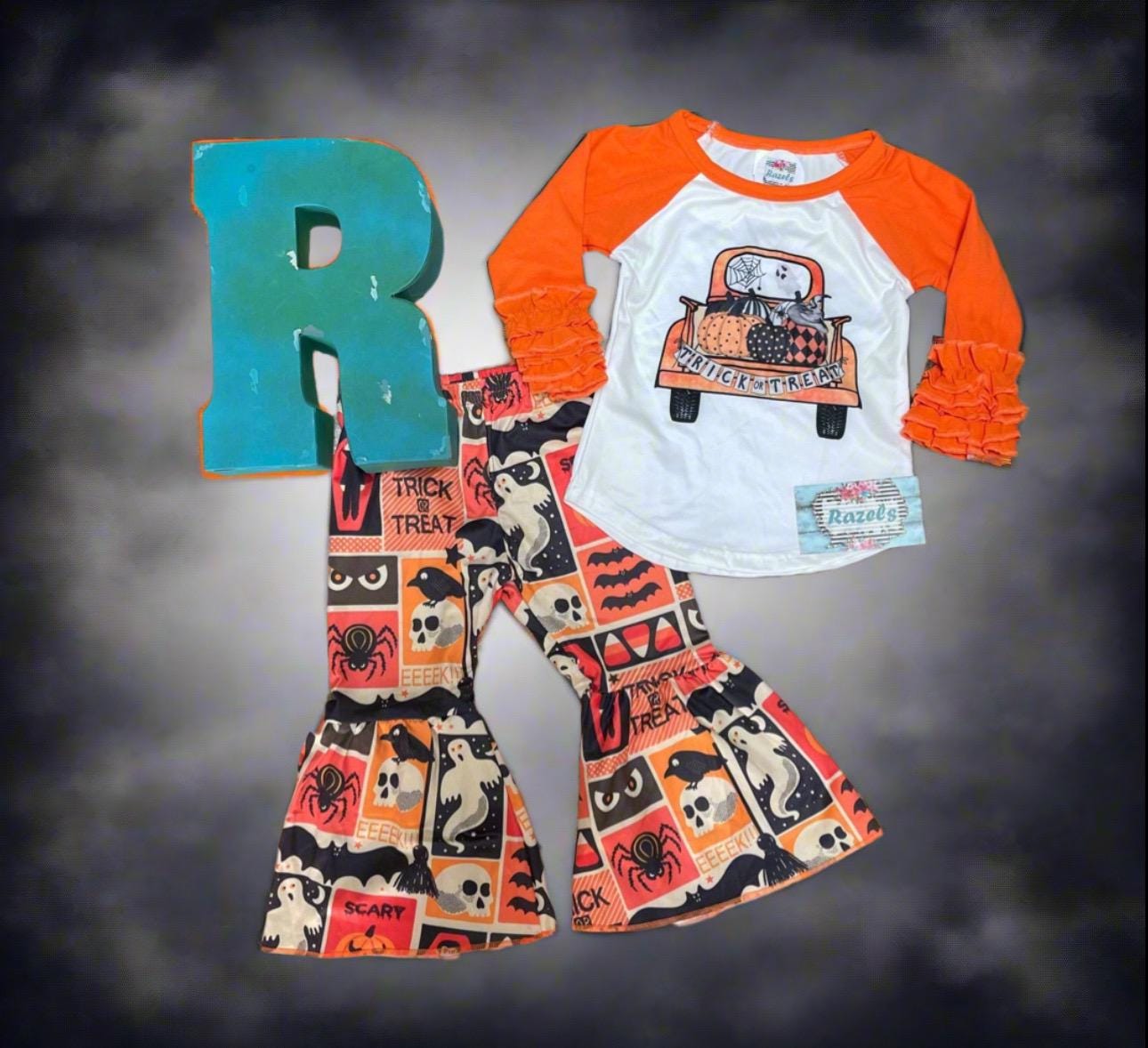 Girls Halloween Bell Bottom Outfit Halloween Pumpkin Truck Shirt Spooky Halloween Pants Trick or Treat - Razels