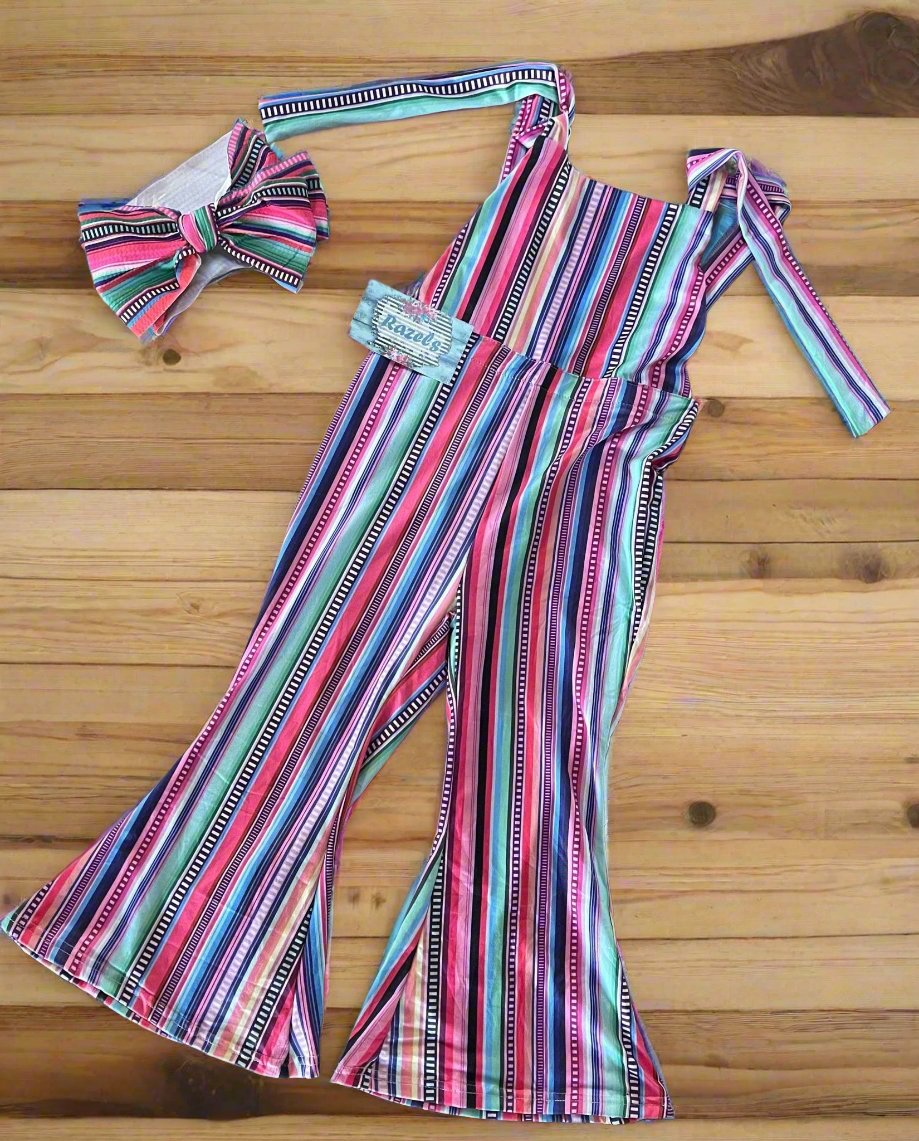 Girls Jumpsuit / Suspender Flared Trousers / Serape Stripe Toddler BOHO Suspender Overalls - Razels