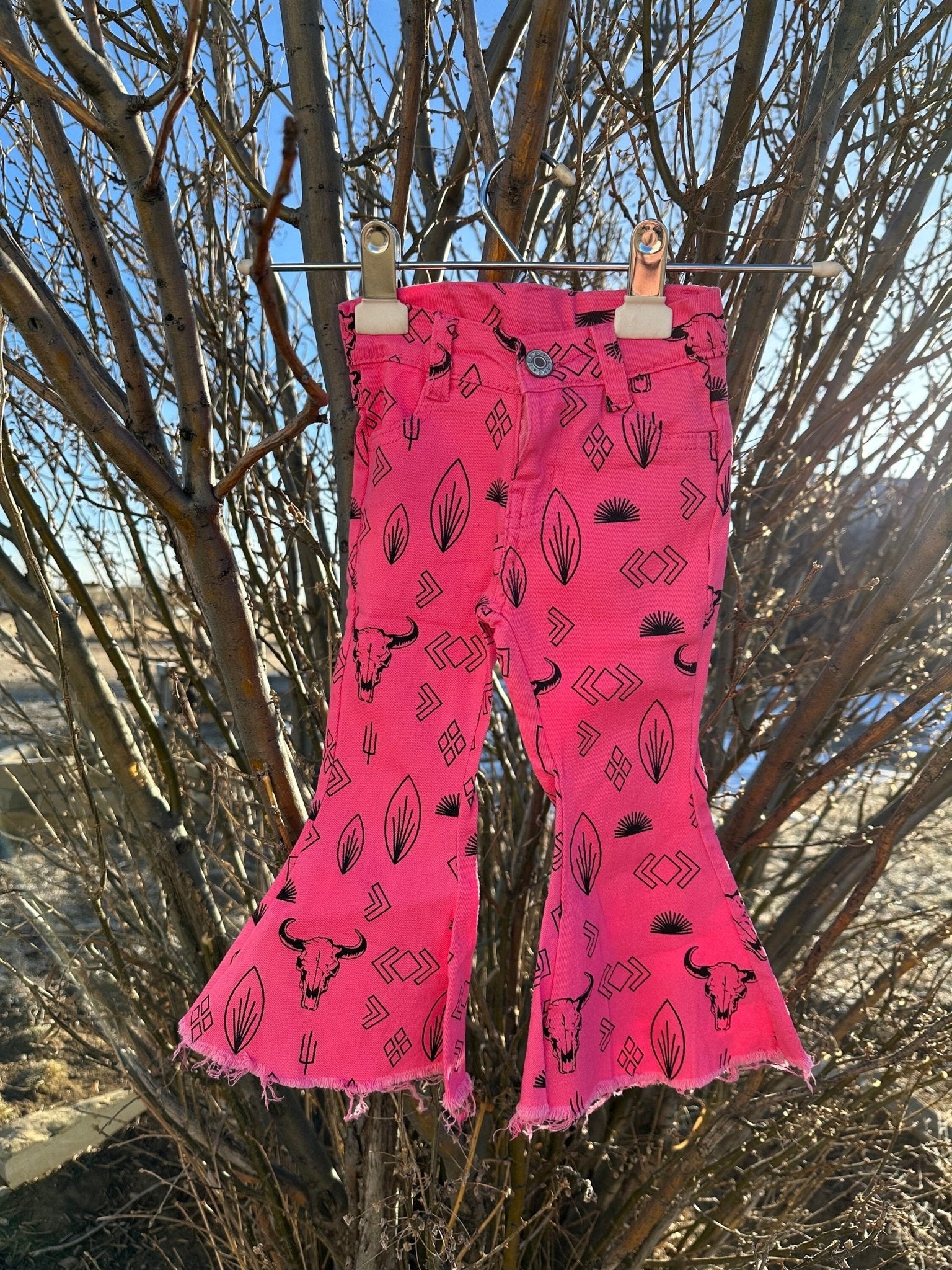 Girls Pink Cowgirl Jeans | Western Bell Bottom Jeans, Steerhead Cactus Arrow Cowboy Print Jeans - Razels