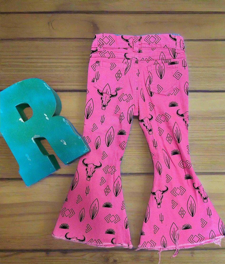 Girls Pink Cowgirl Jeans | Western Bell Bottom Jeans, Steerhead Cactus Arrow Cowboy Print Jeans - Razels