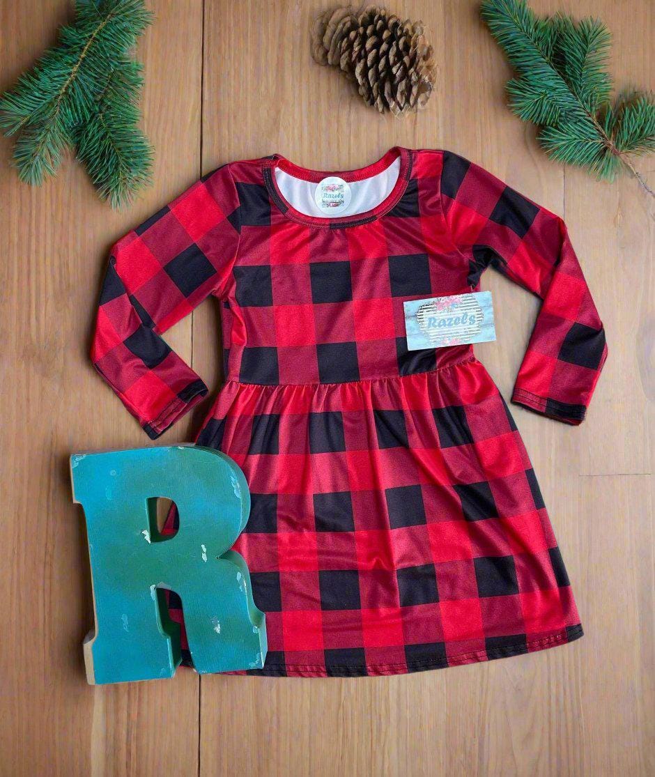 Girls' Red and Black Buffalo Plaid Dress – Holiday Staple | Versatile Western Style Dress - Razels