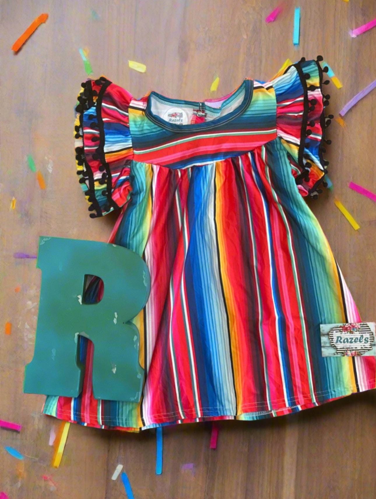 Girls' Serape Dress – Colorful Boho Dress with Pom Poms | Mexican Party Birthday, Pom Pom Dress,Cinco de Mayo Dress - Razels