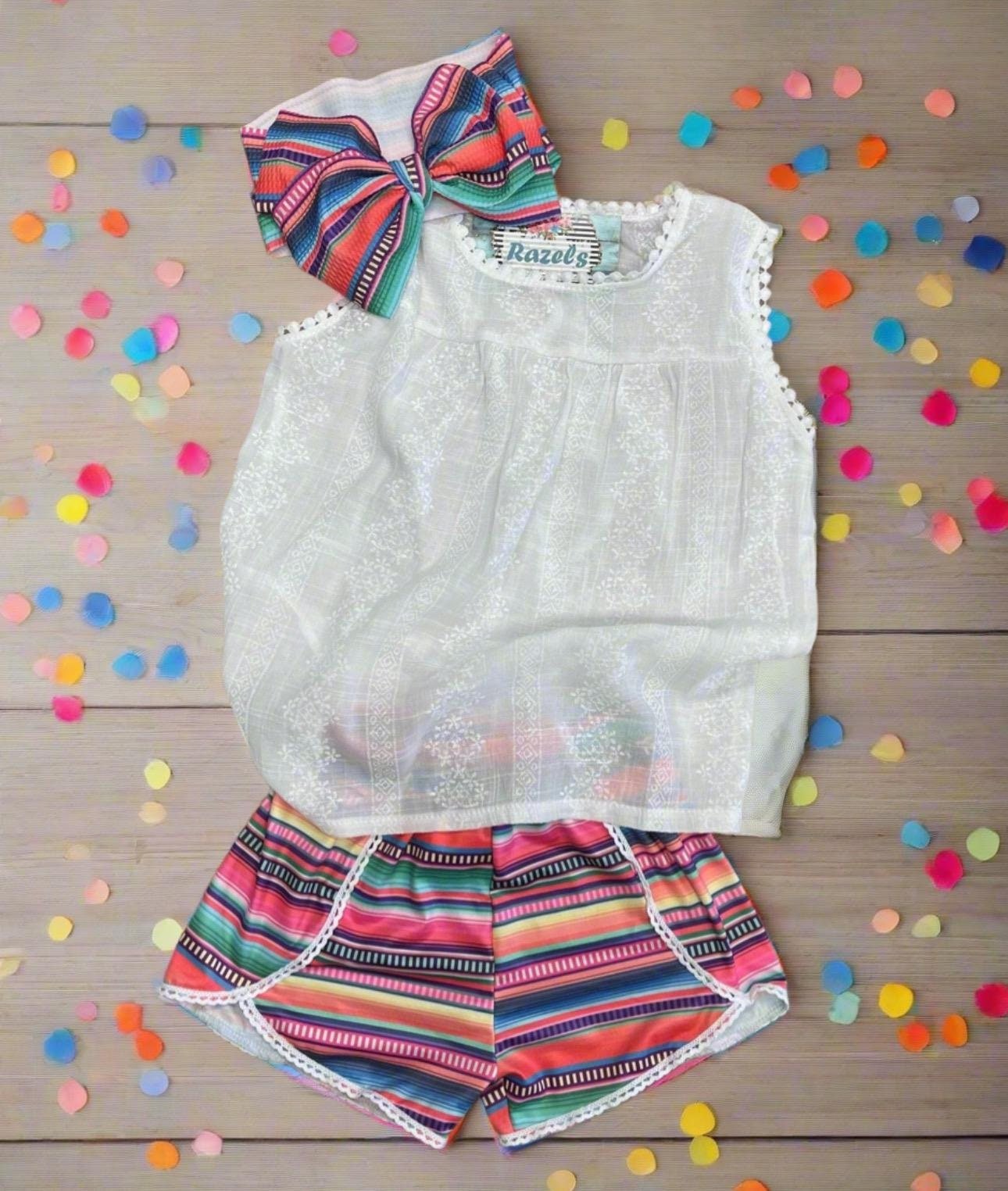 Girls Serape Summer Shorts – Pink Stripe Western Boutique Style – Lightweight & Lace Hem - Razels