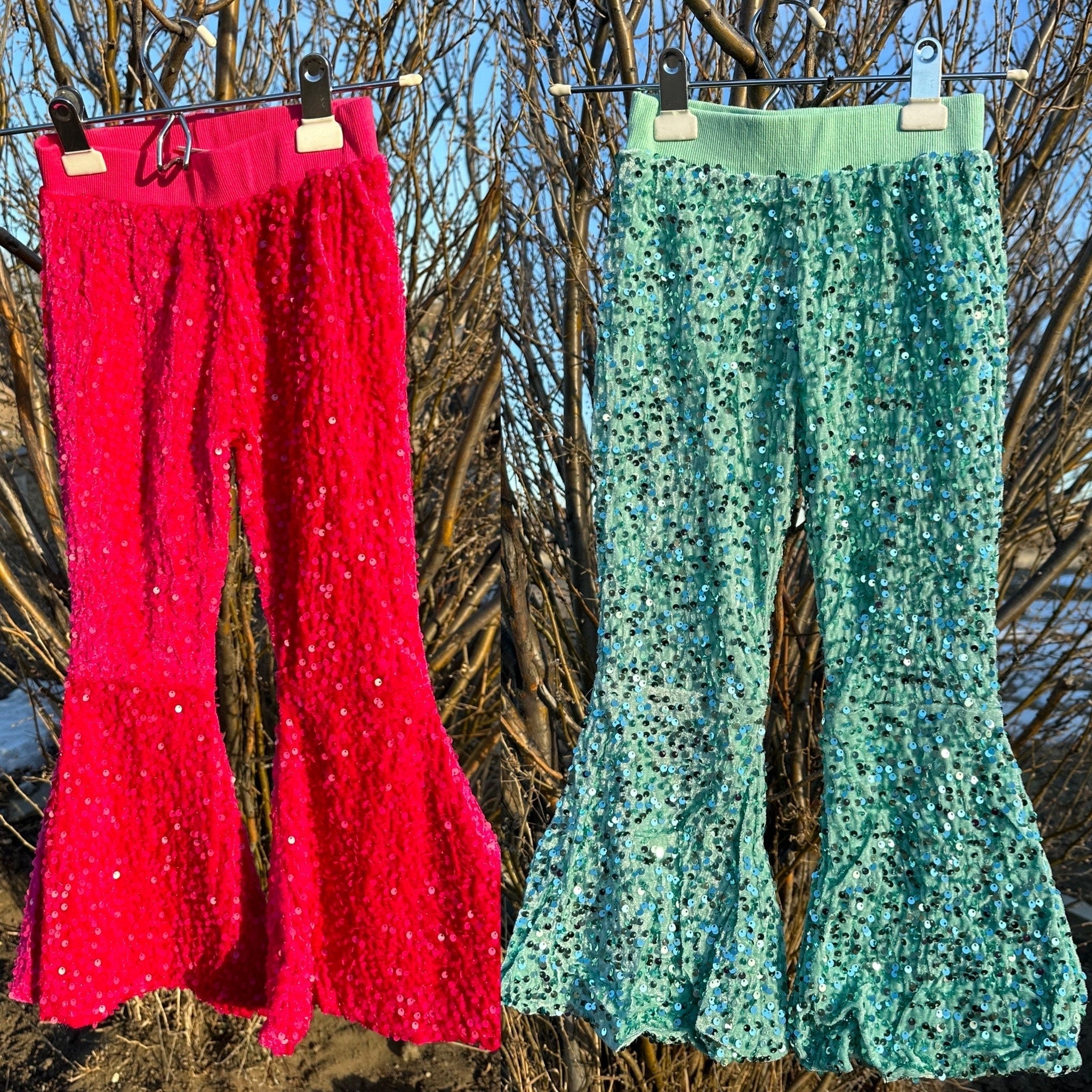 Girls Sparkle Sequin Bell Bottoms, PINK TURQUOISE Sequin Pants - Razels