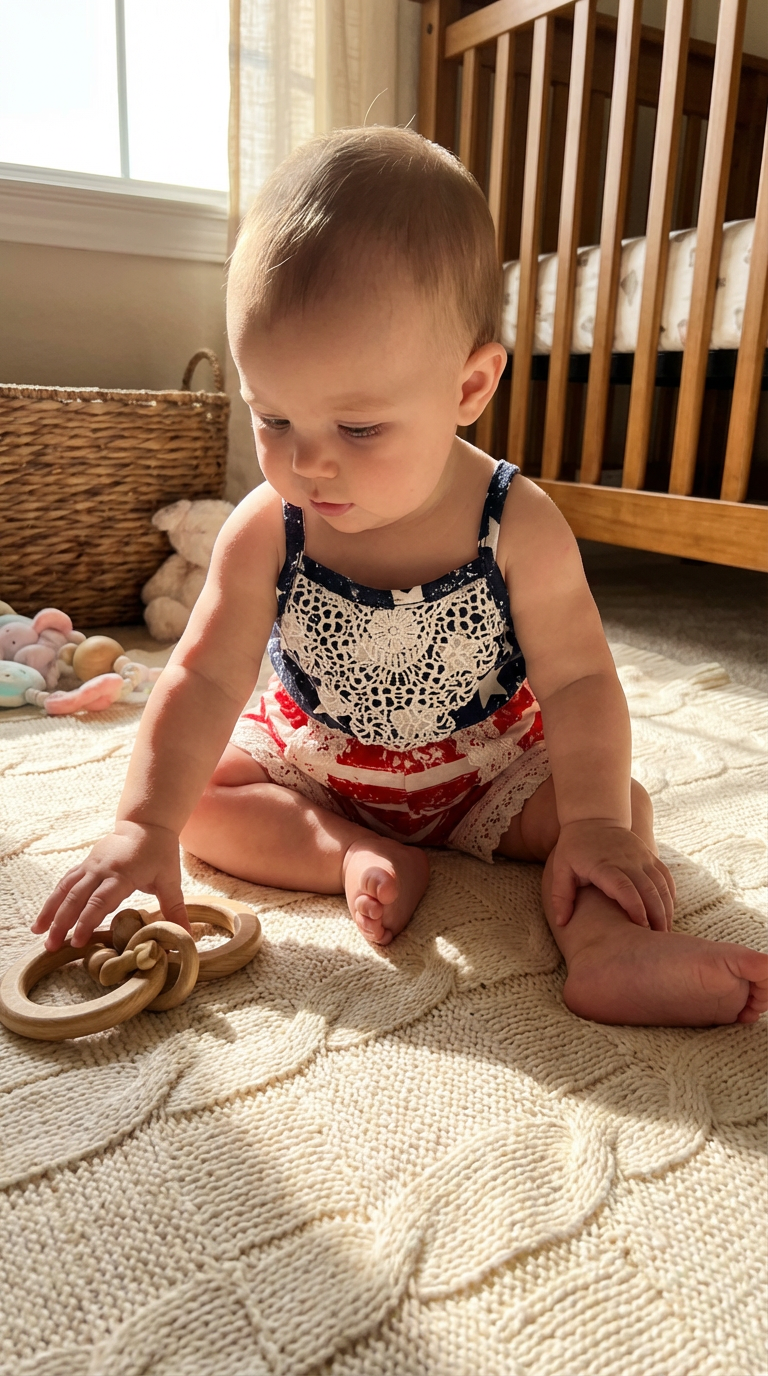Baby playing with a wooden toy on a textured rug in a nursery.