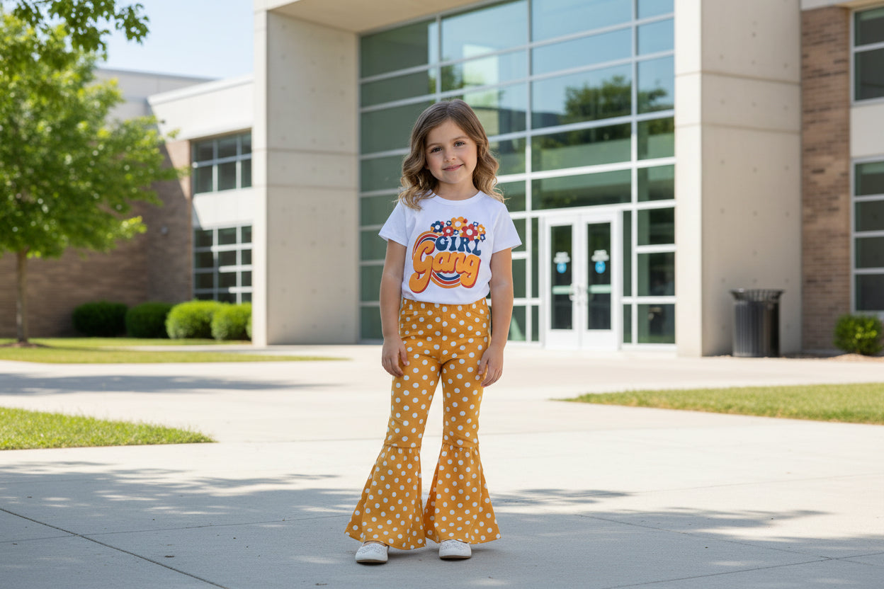 Girl wearing Gang Shirt and Yellow Polka Dot Bell Bottom Outfit – Retro Floral Vibes for Girls outfit outside her school