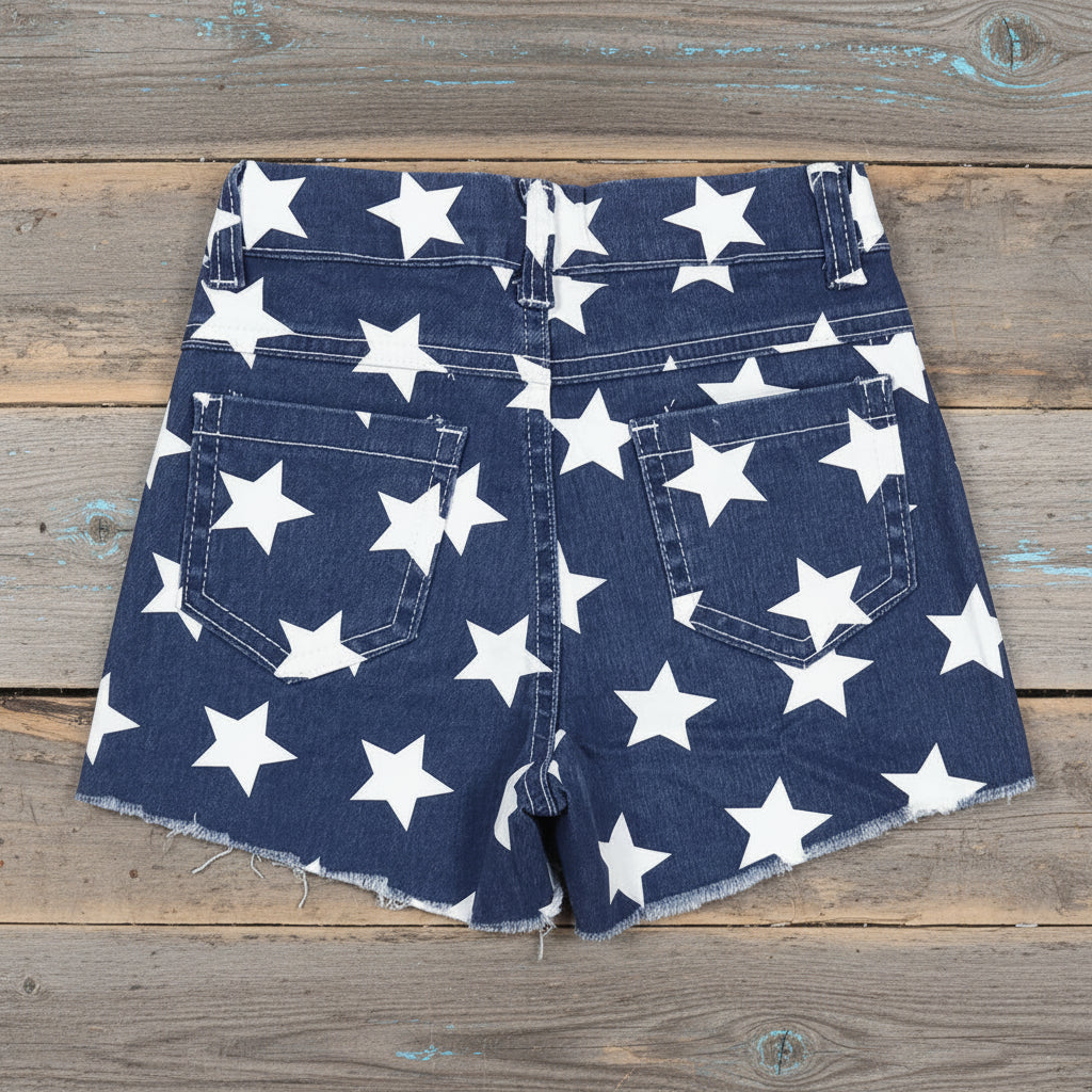 girls USA american flag denim jeans on a wooden background
