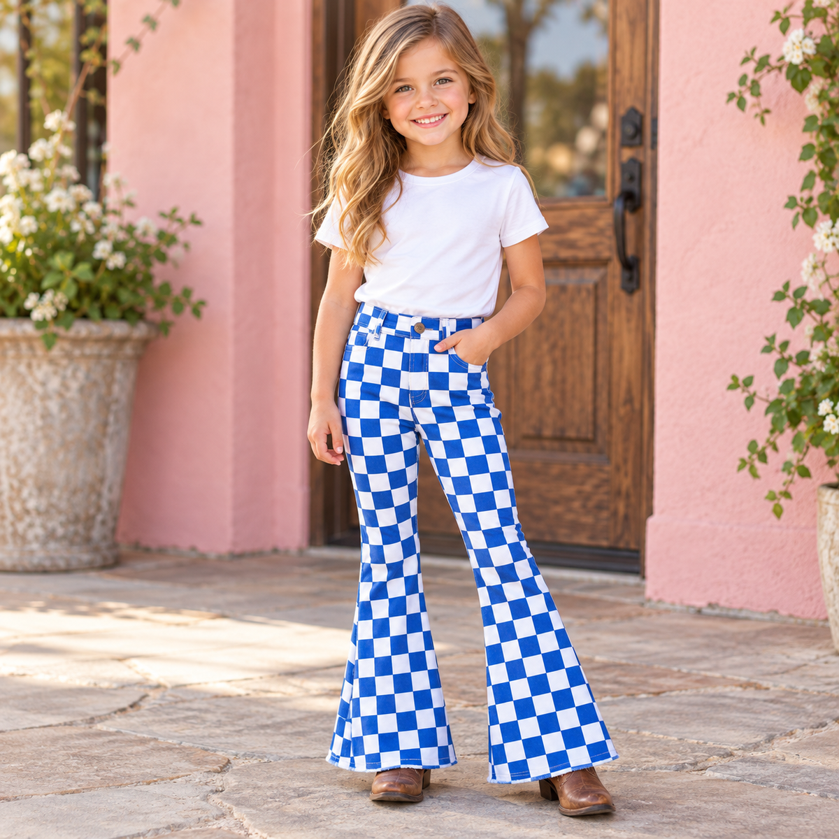 girl wearing blue checker board jeans with a white tshirt standing outside
