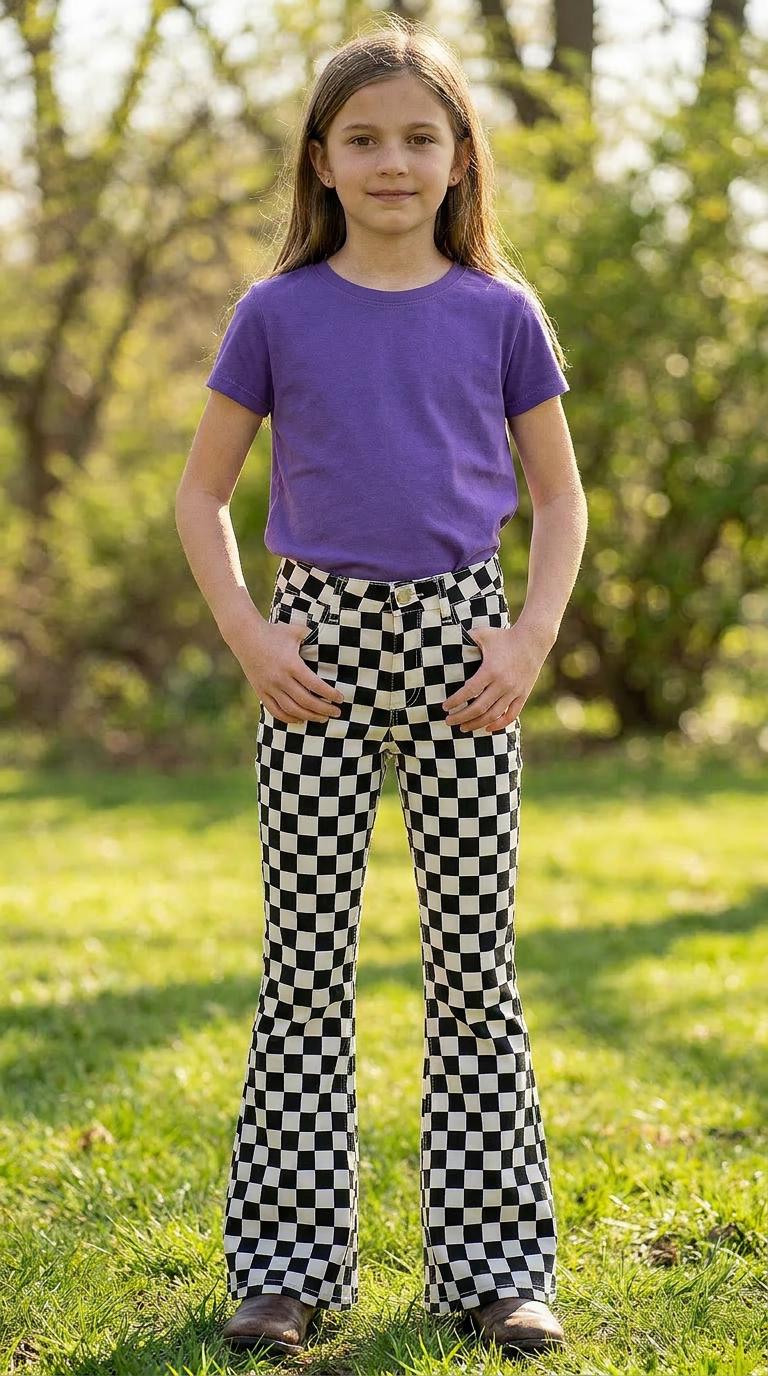 girl standing outdoors with purple t-shirt and razels flared black and white checkered jeans