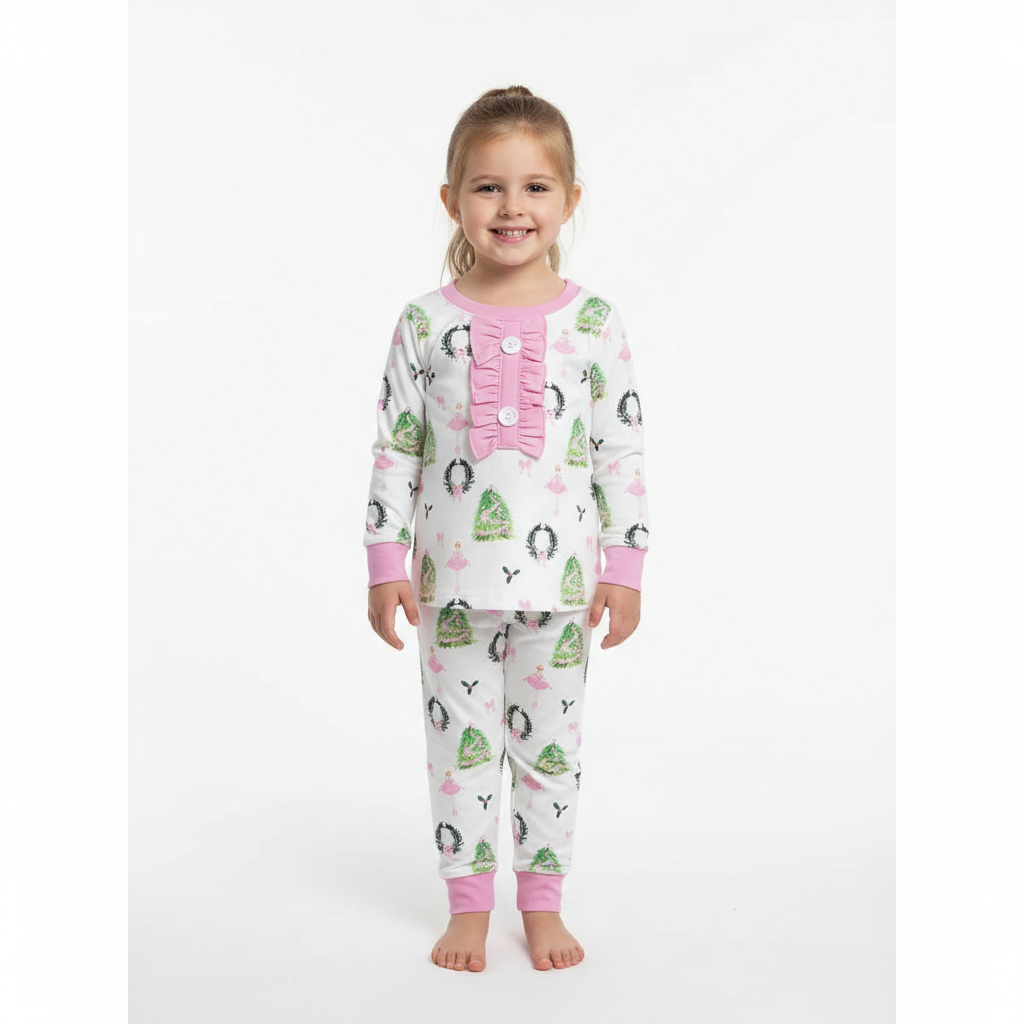 Girls Pink Ballerina Christmas Pajamas – Kids Holiday Ballet PJs Set, Toddler & Big Kid Sleepwear