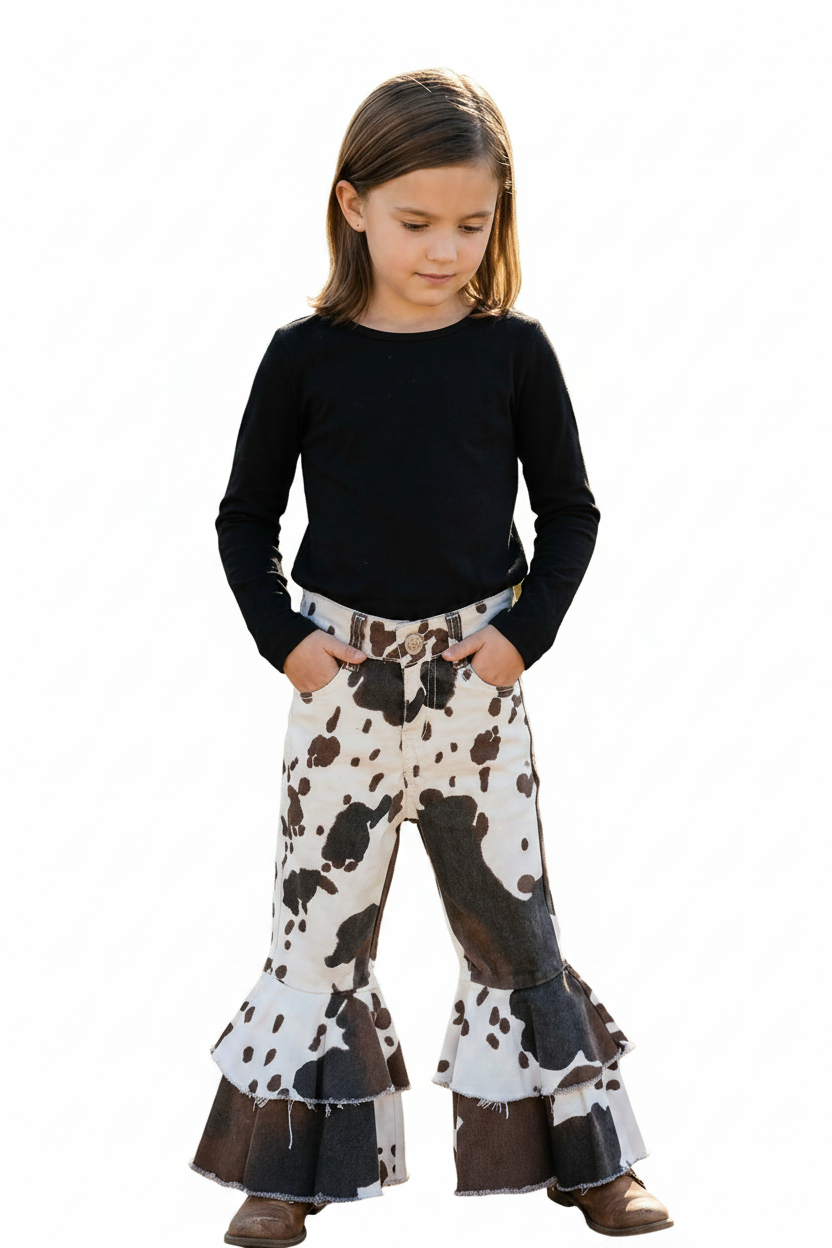 Girls Cowprint Bell Bottom Jeans | Western Cowgirl Flare Pants | Razels