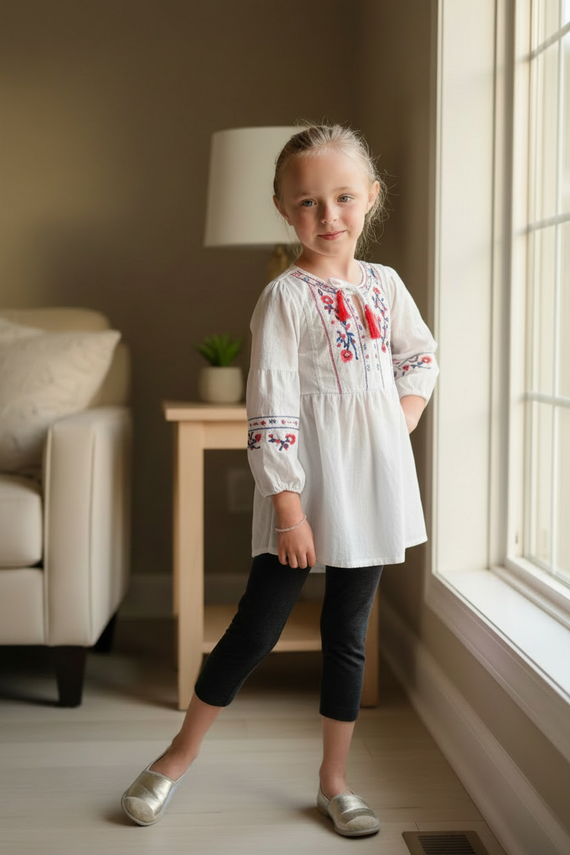 Young girl in a white embroidered blouse standing in a living room.