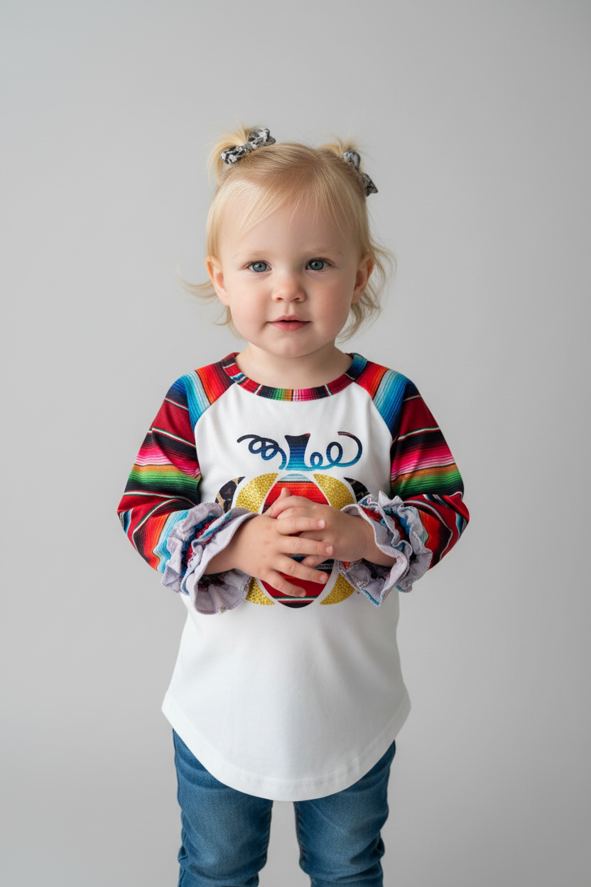 Child wearing a colorful pumpkin shirt with ruffle sleeves on a grey background