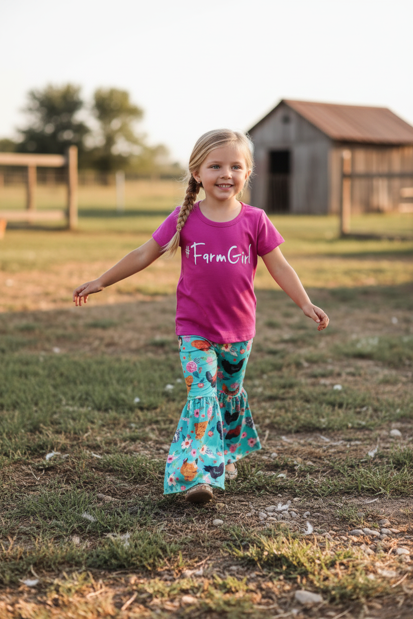 Pink '#FarmGirl' t-shirt and teal floral pants with chickens worn by a young girl running 