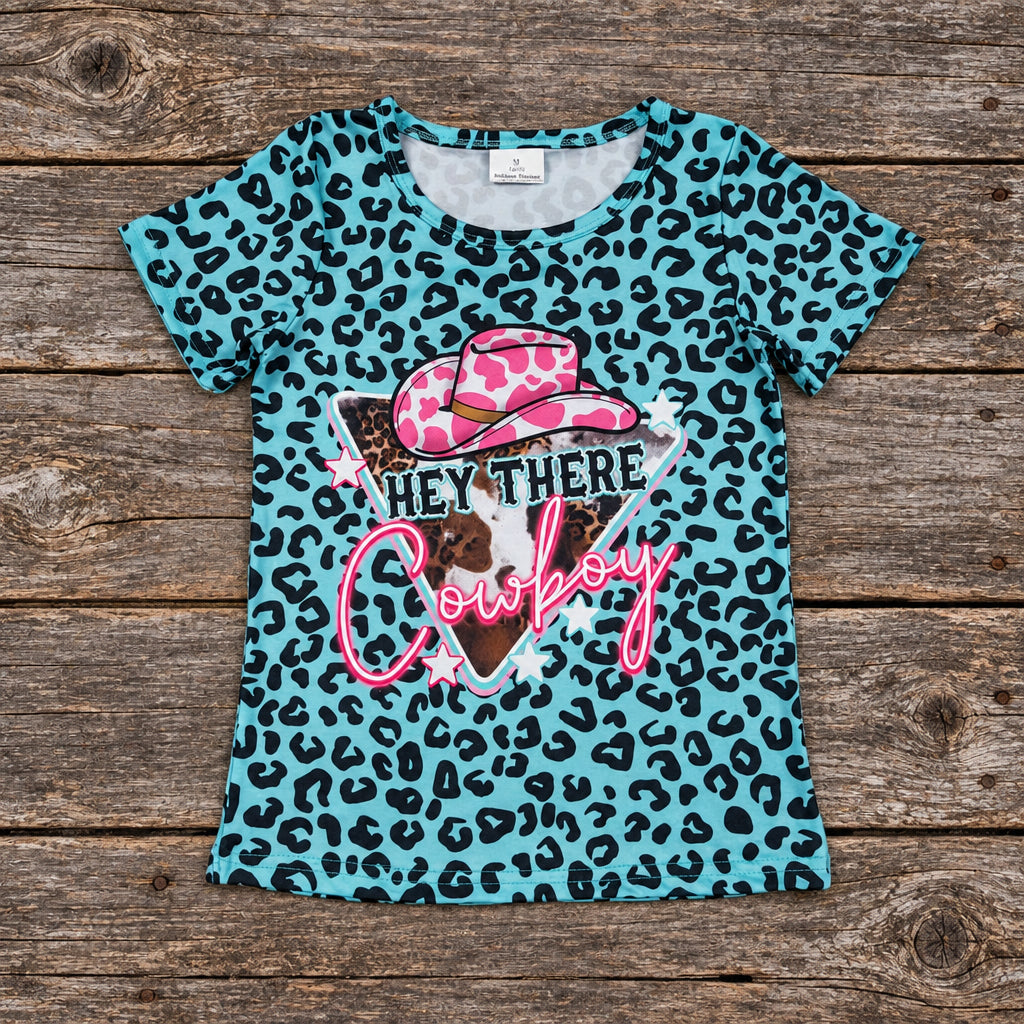 girls hey there cowboy pink cowboy and turquoise cheetah print tshirt on barnwood