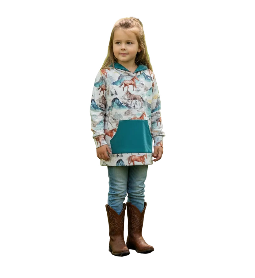 girls wearing razels girls horse hoodie with jeans tucked into cowgirl boots against a white background