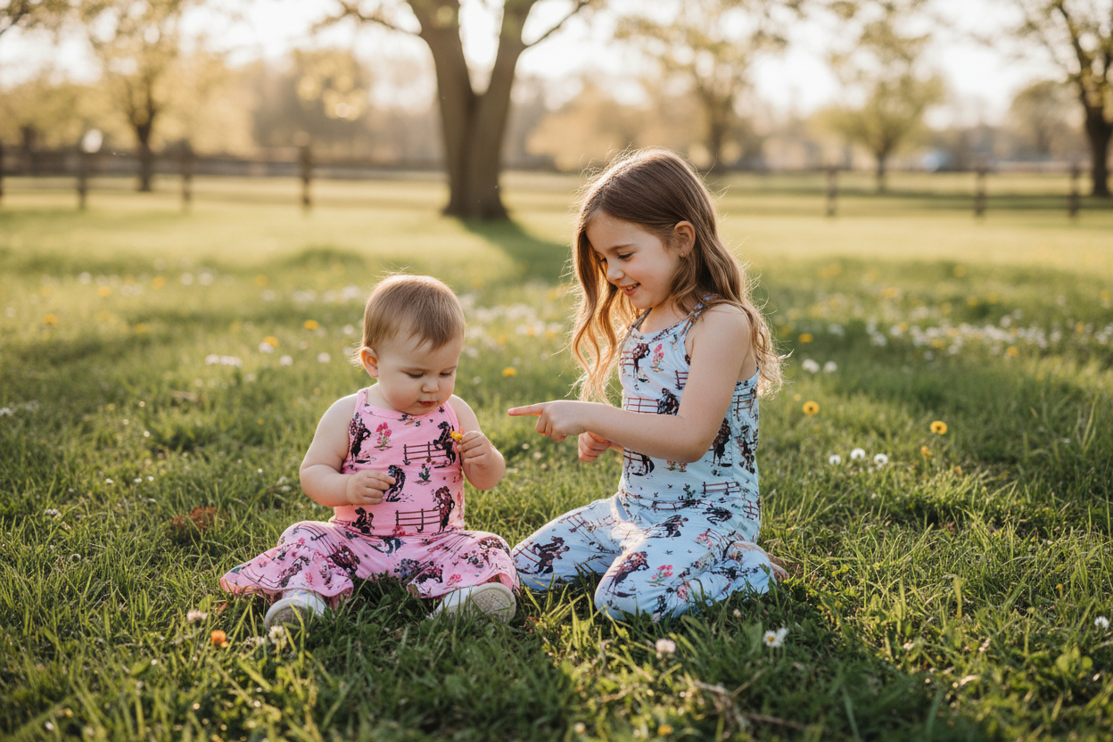 Two young girls sitting on a grassy field pointing at each other.