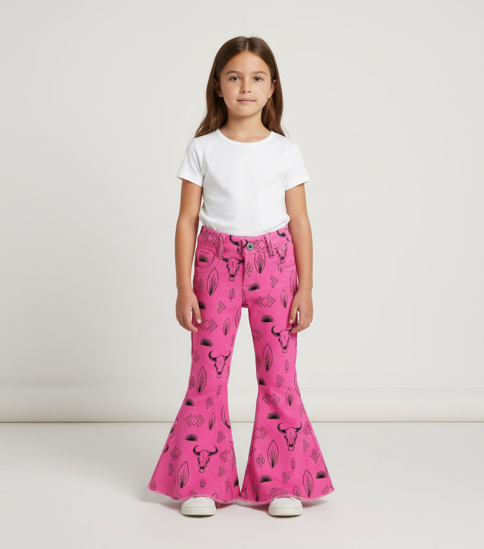 Jeans feature black steerheads, arrows, and cacti in an awesome western motif. Jeans have an adjustable waistband, pockets, and a frayed bell bottom hem.