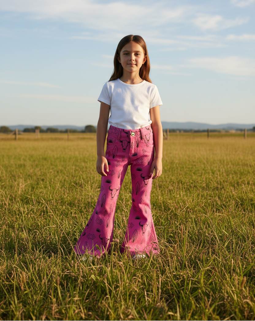 Girls Hot Pink Southwestern Bell Bottom Jeans | Western Kids Flare Pants