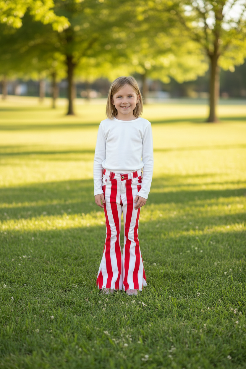 Girls Red & White Striped Bell Bottom Jeans