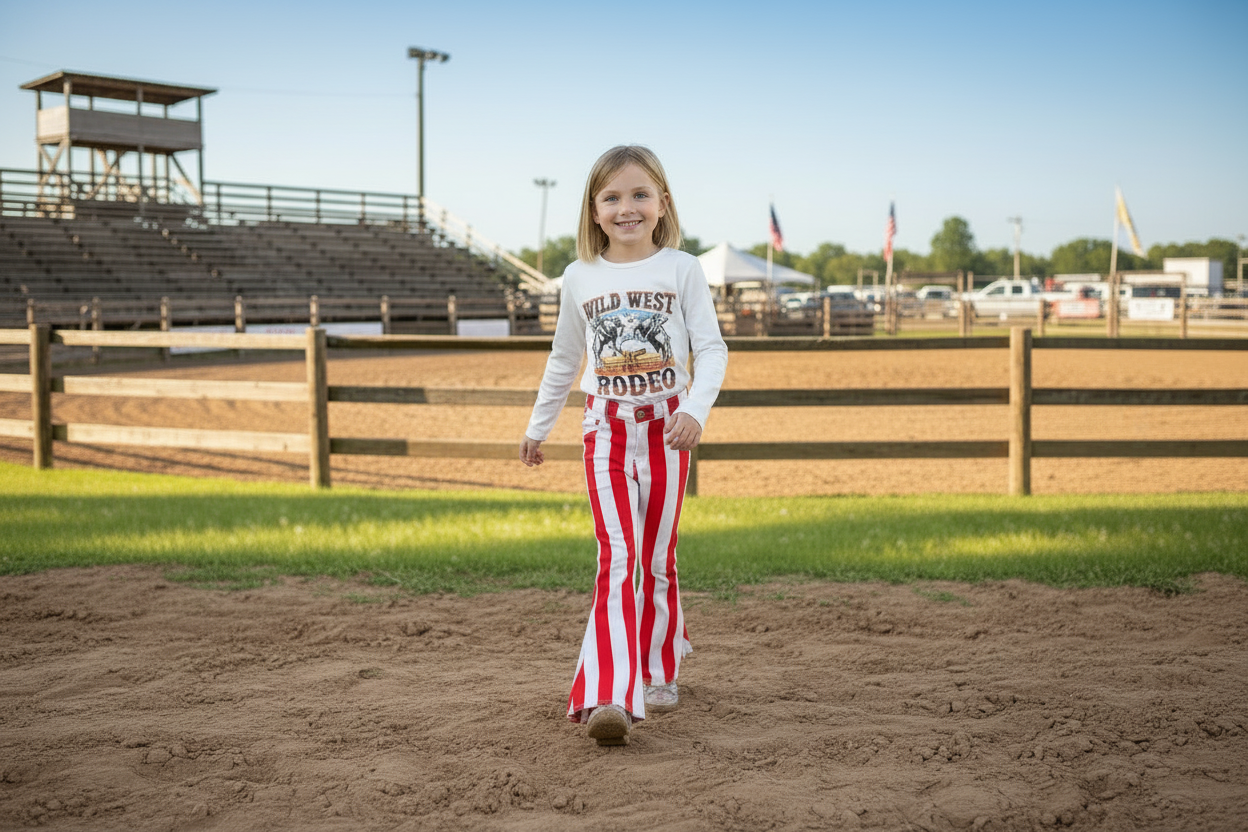 Young girl in a rodeo outfit standing on a dirt track with a wooden fence and stadium in the background.