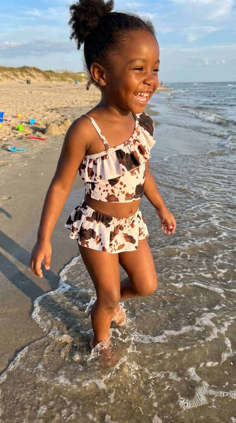 girl running through beach wearing girls tankini set cowprint swimsuit with skirted bottom and ruffle neckline on top
