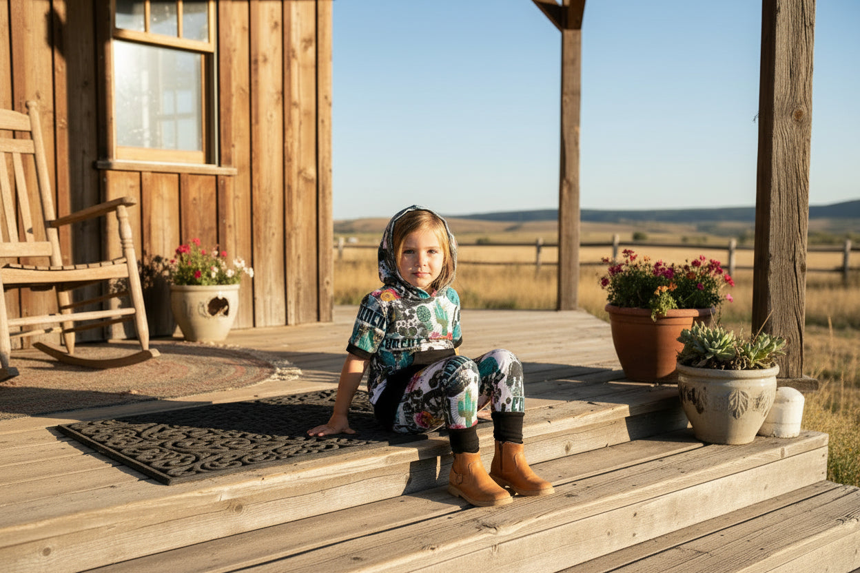 Girls Cowgirl Outfit | Western Hoodie Jogger Set for Kids  This Girls PUNCHY Cowgirl Outfit is full of retro cowboy vibes. This Western outfit features an allover Western print with matching jogger pants and a lightweight, short-sleeved hoodie top.