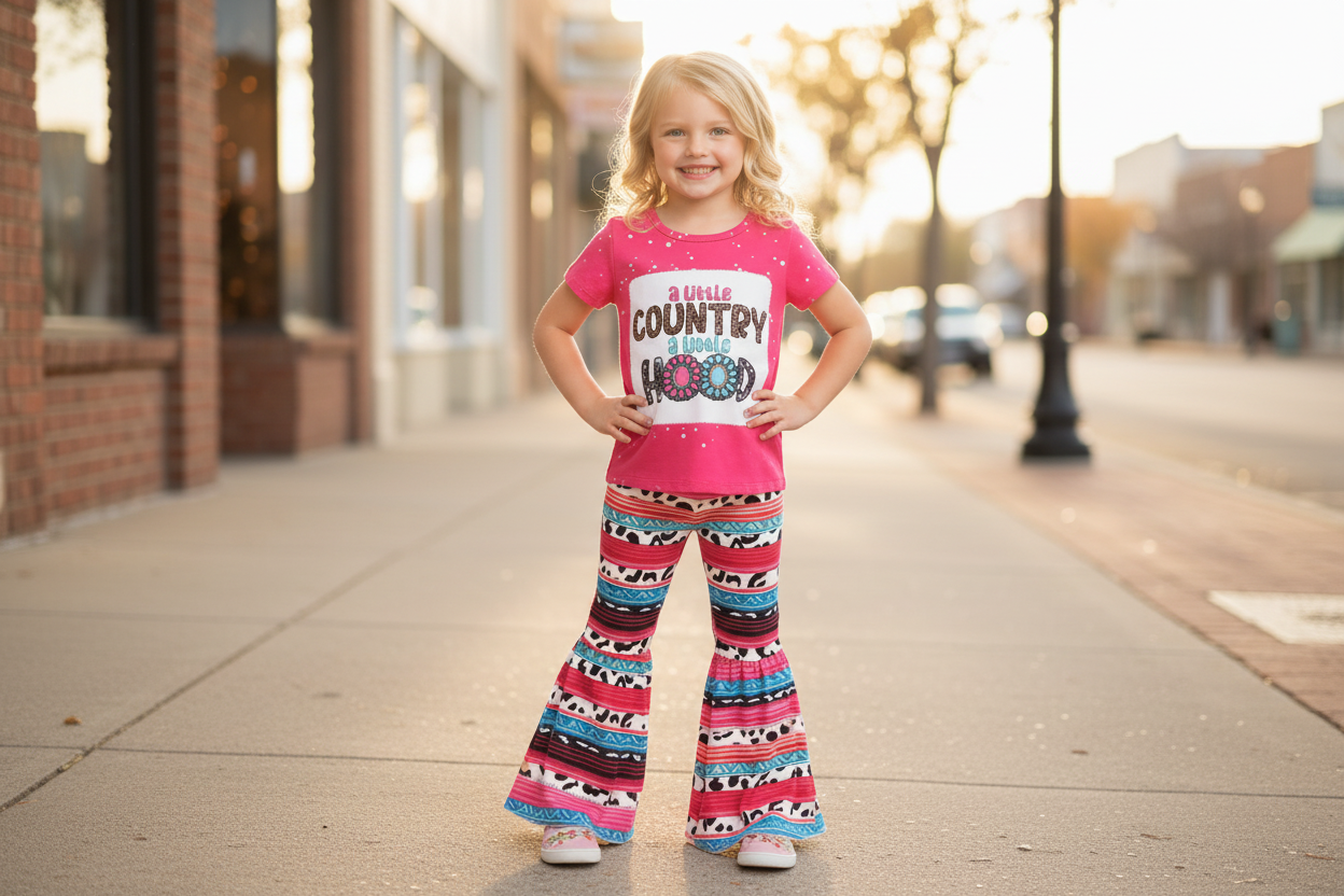 Pink t-shirt with text and colorful patterned pants on a textured white background