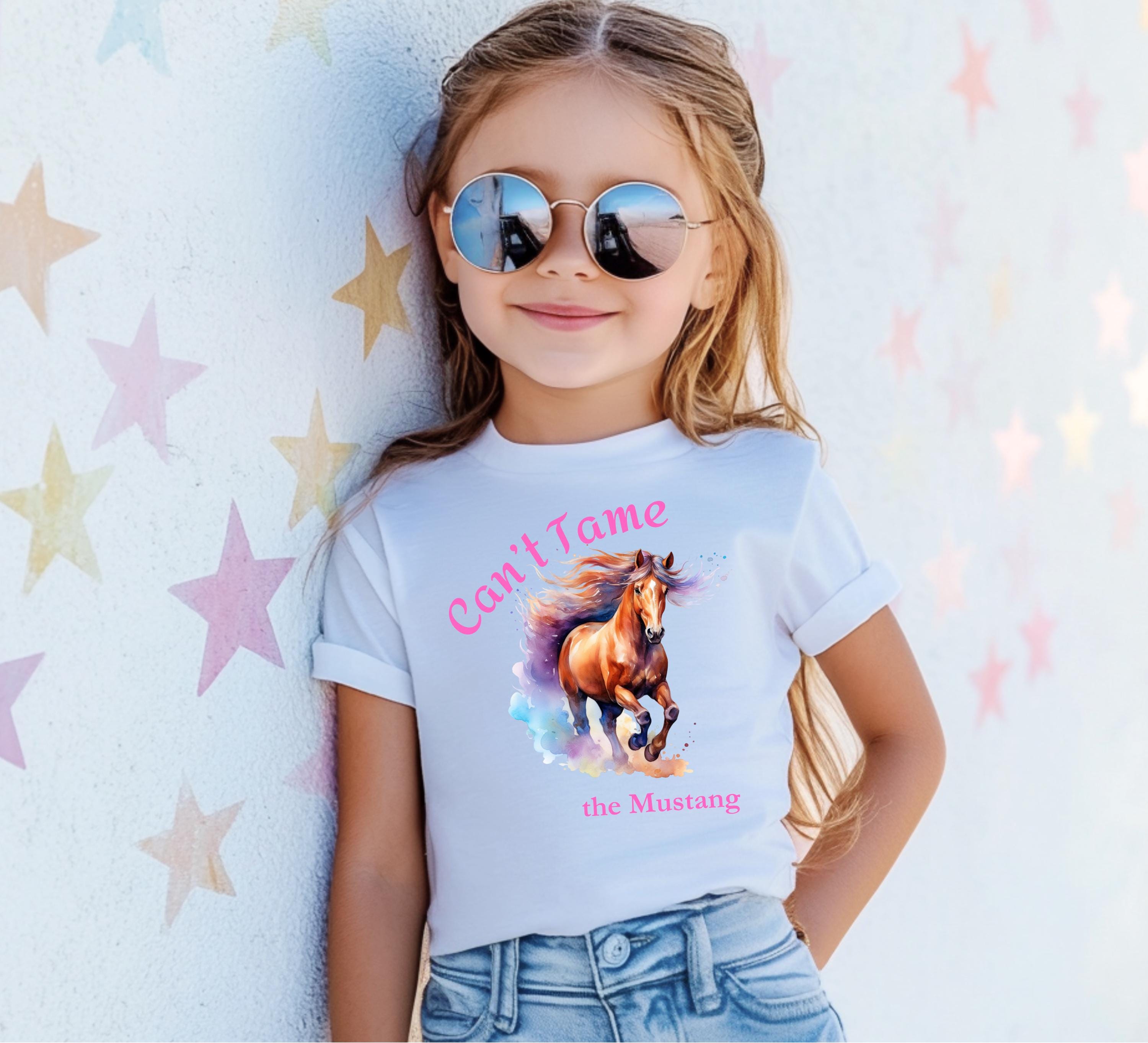 Girls Horse Tee Watercolor Mustang Shirt, Youth Wild Horse T-Shirt -Razels