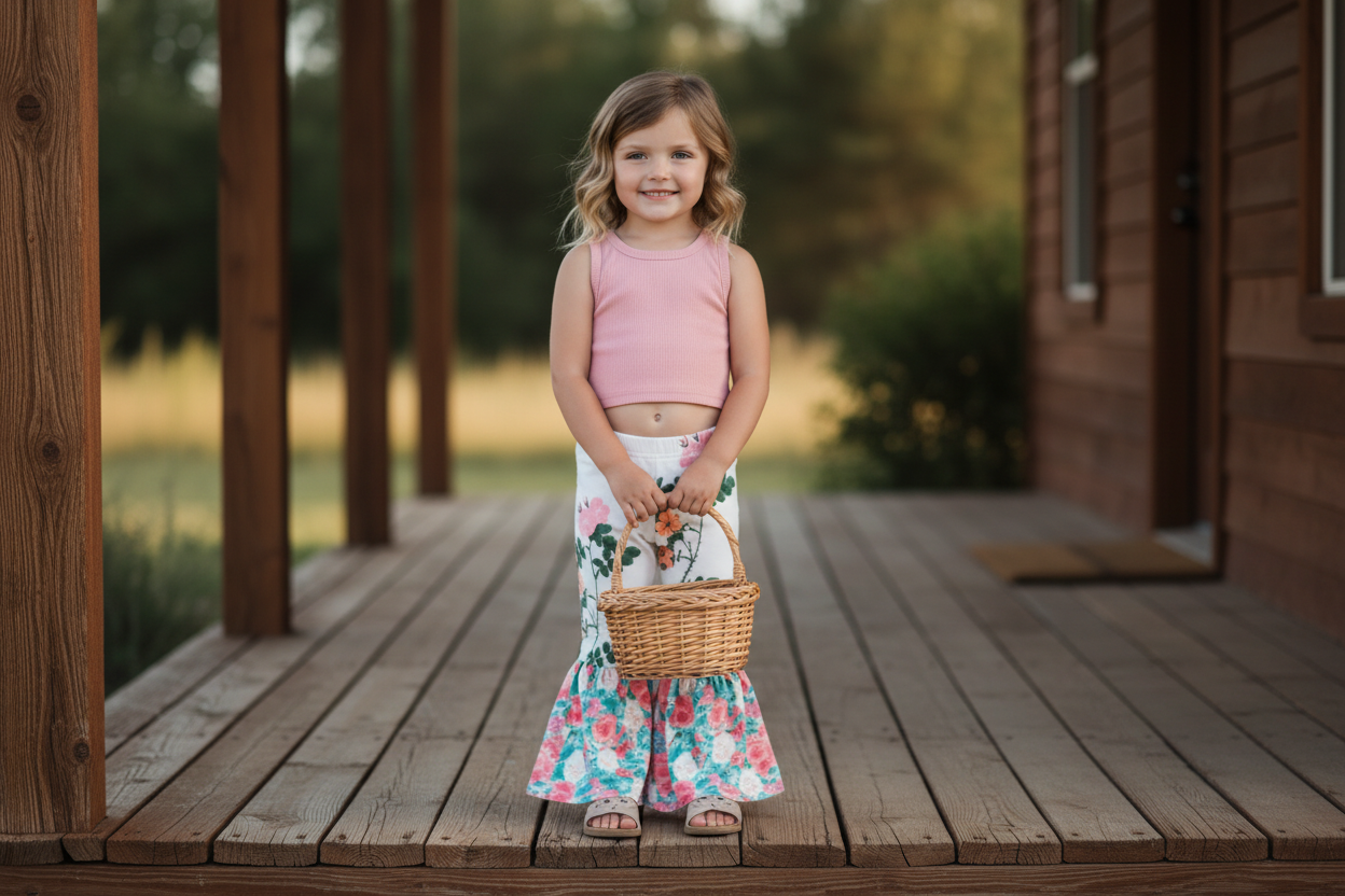Young girl in a pink sweater and floral bell bottom pants standing in a field with mountains in the background