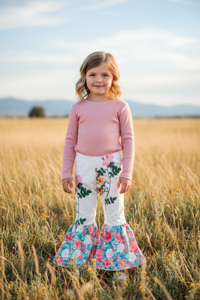 Young girl in a pink sweater and floral bell bottom pants standing in a field with mountains in the background
