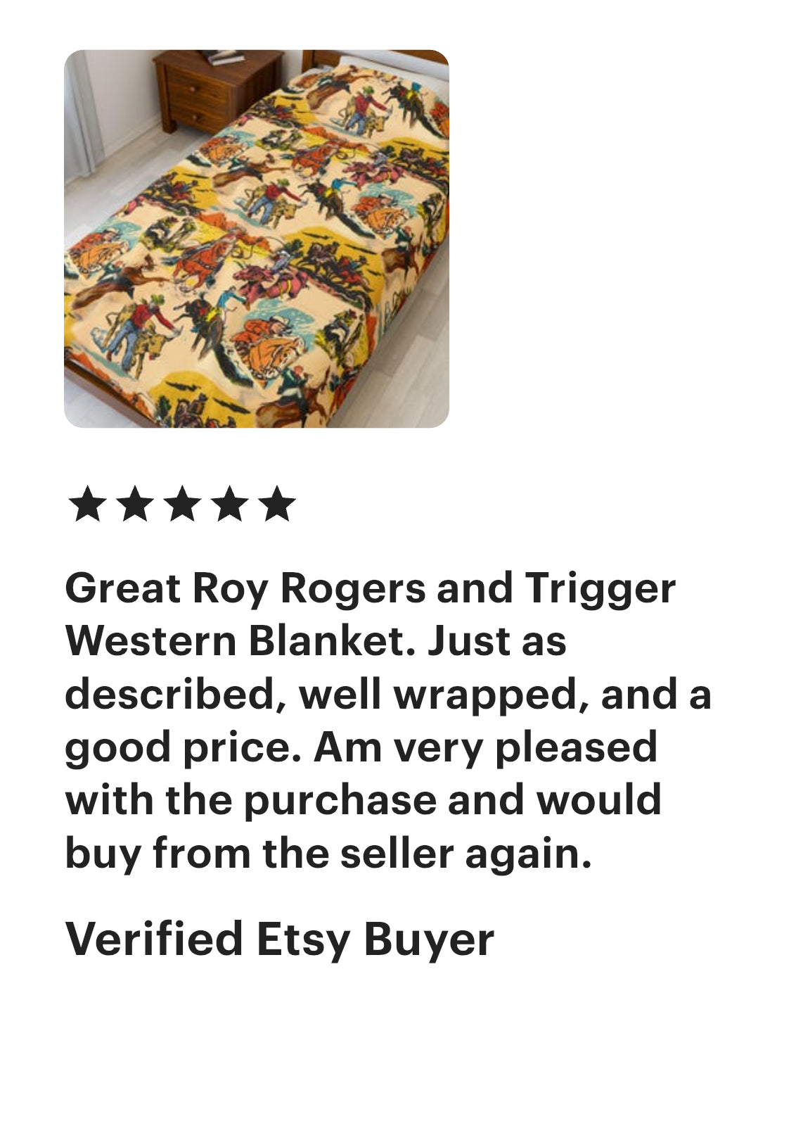 Western-themed blanket with characters on a bed, accompanied by a five-star review from a verified Etsy buyer.
