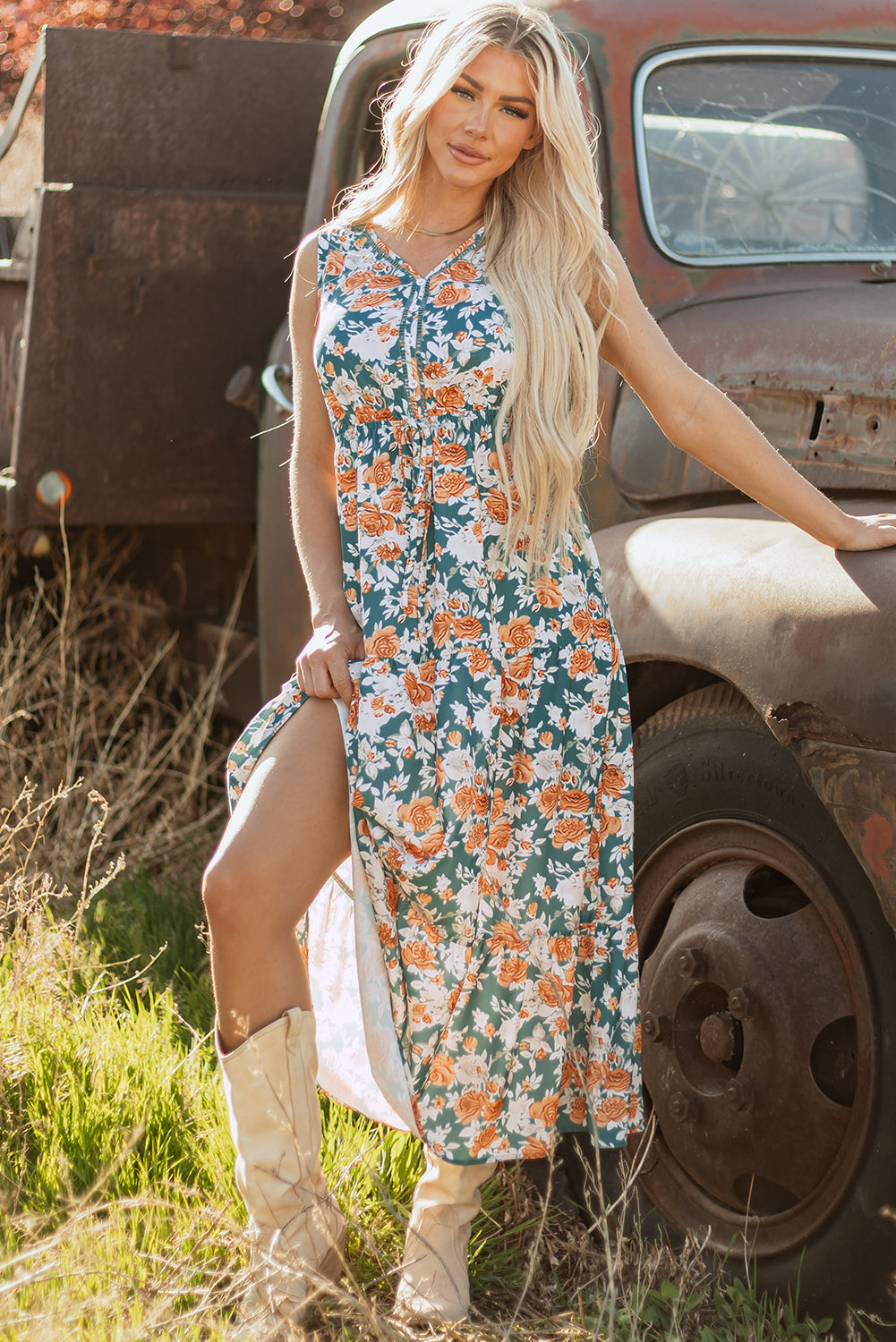 green floral dress, women's western dress